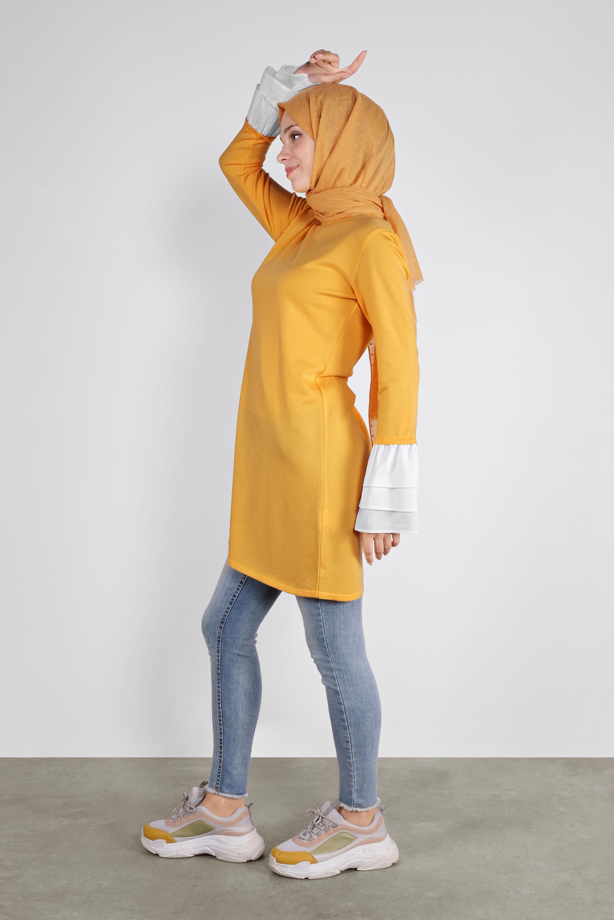 Tesettür giyim SARI  VOLANLI İNCE TRİKO TUNİK  41072 