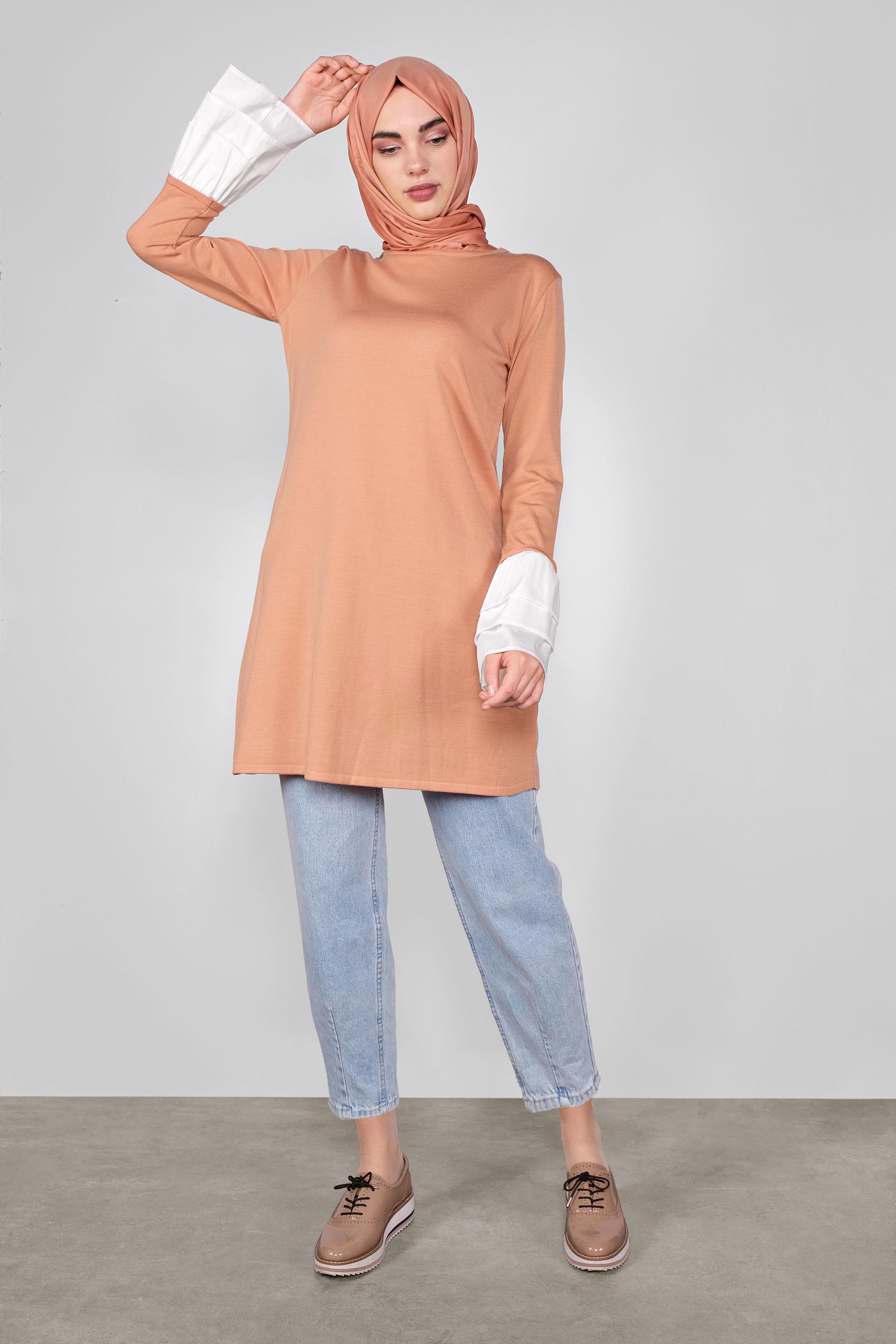 Tesettür giyim PEMBE  VOLANLI İNCE TRİKO TUNİK  41072 