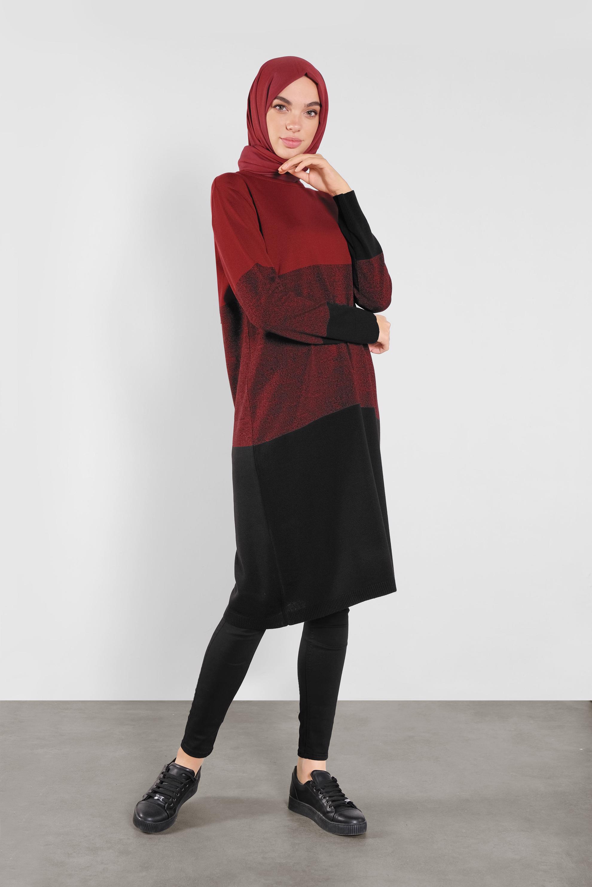 Tesettür giyim KIRMIZI RENK GEÇİŞLİ İNCE TRİKO TUNİK 41075 