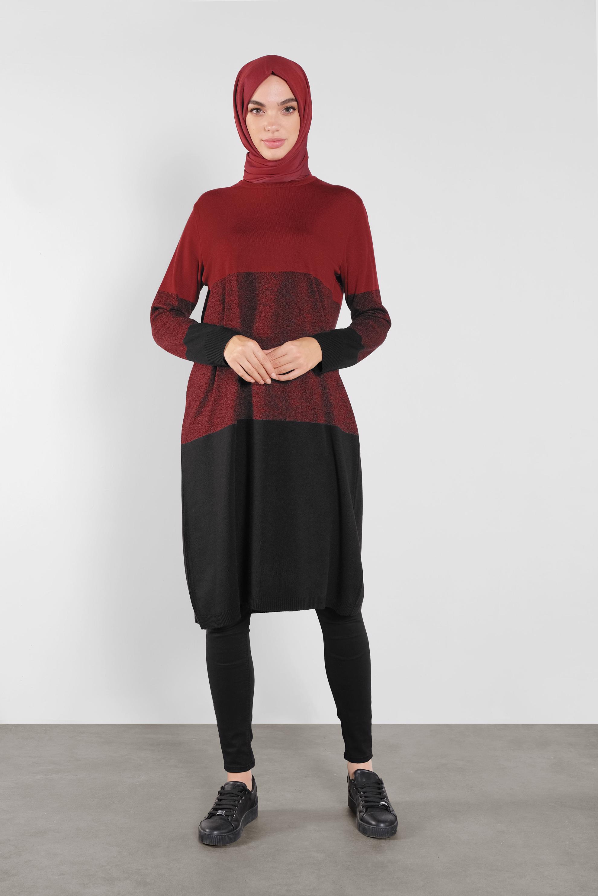 Tesettür giyim KIRMIZI RENK GEÇİŞLİ İNCE TRİKO TUNİK 41075 