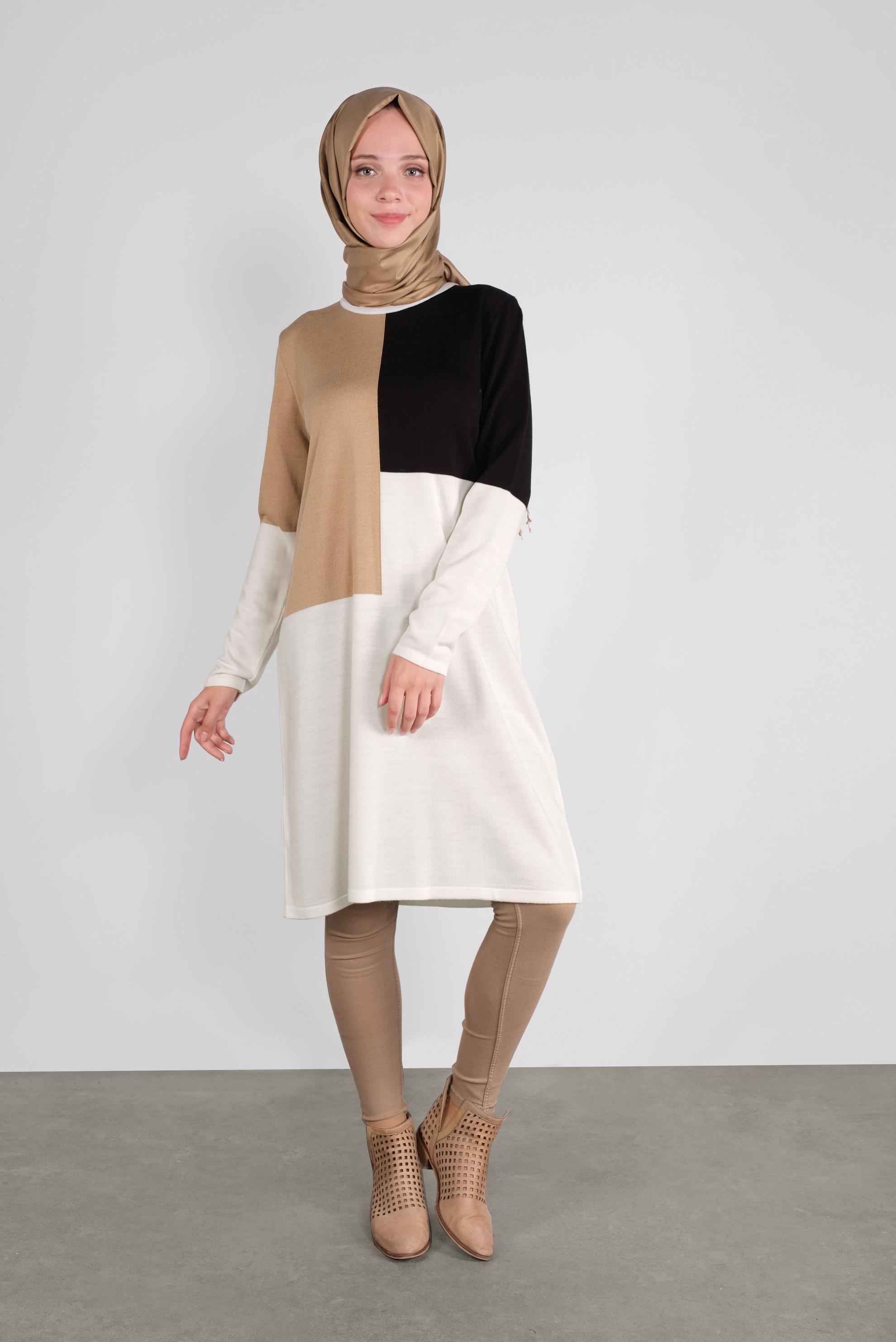 Tesettür giyim KAHVE YUVARLAK YAKA TRİKO TUNİK 41076 