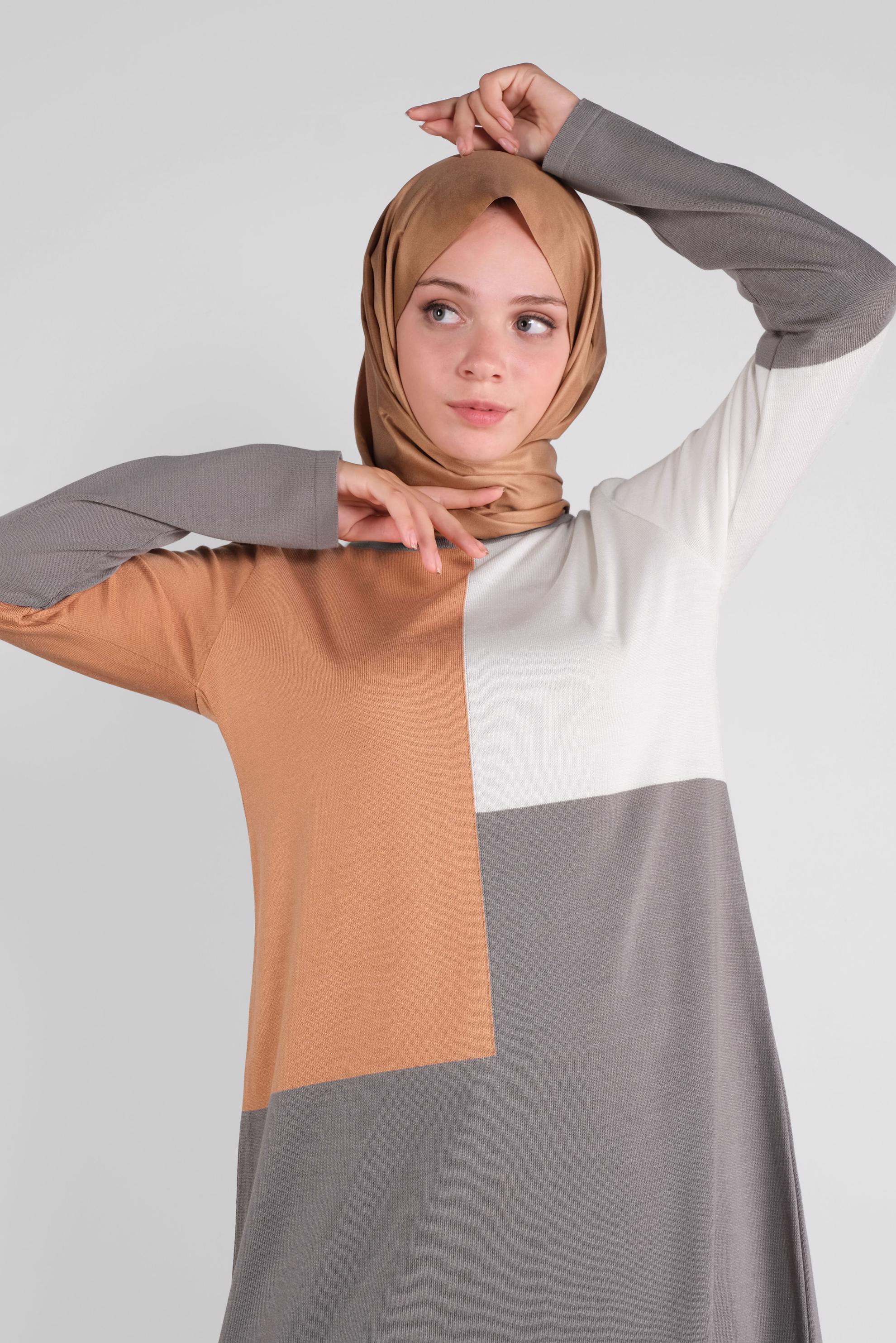 Tesettür giyim PEMBE YUVARLAK YAKA TRİKO TUNİK 41076 