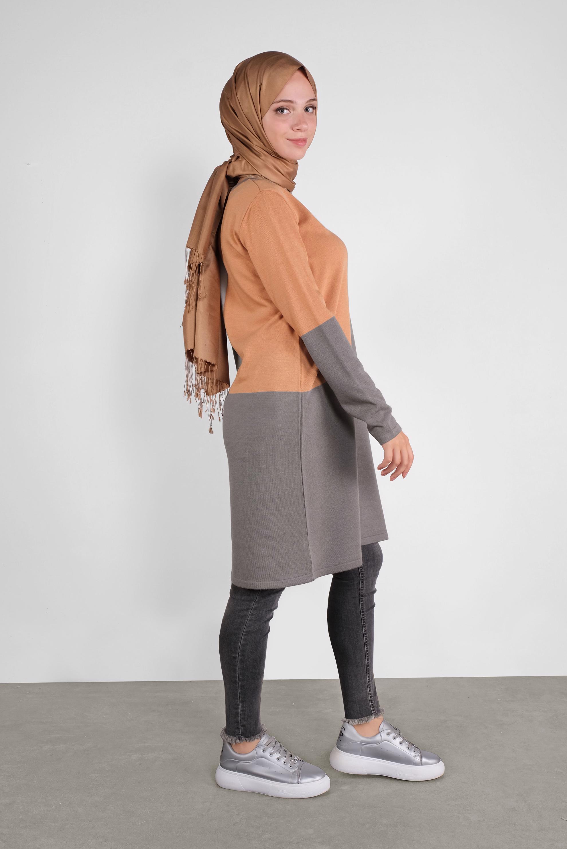 Tesettür giyim PEMBE YUVARLAK YAKA TRİKO TUNİK 41076 