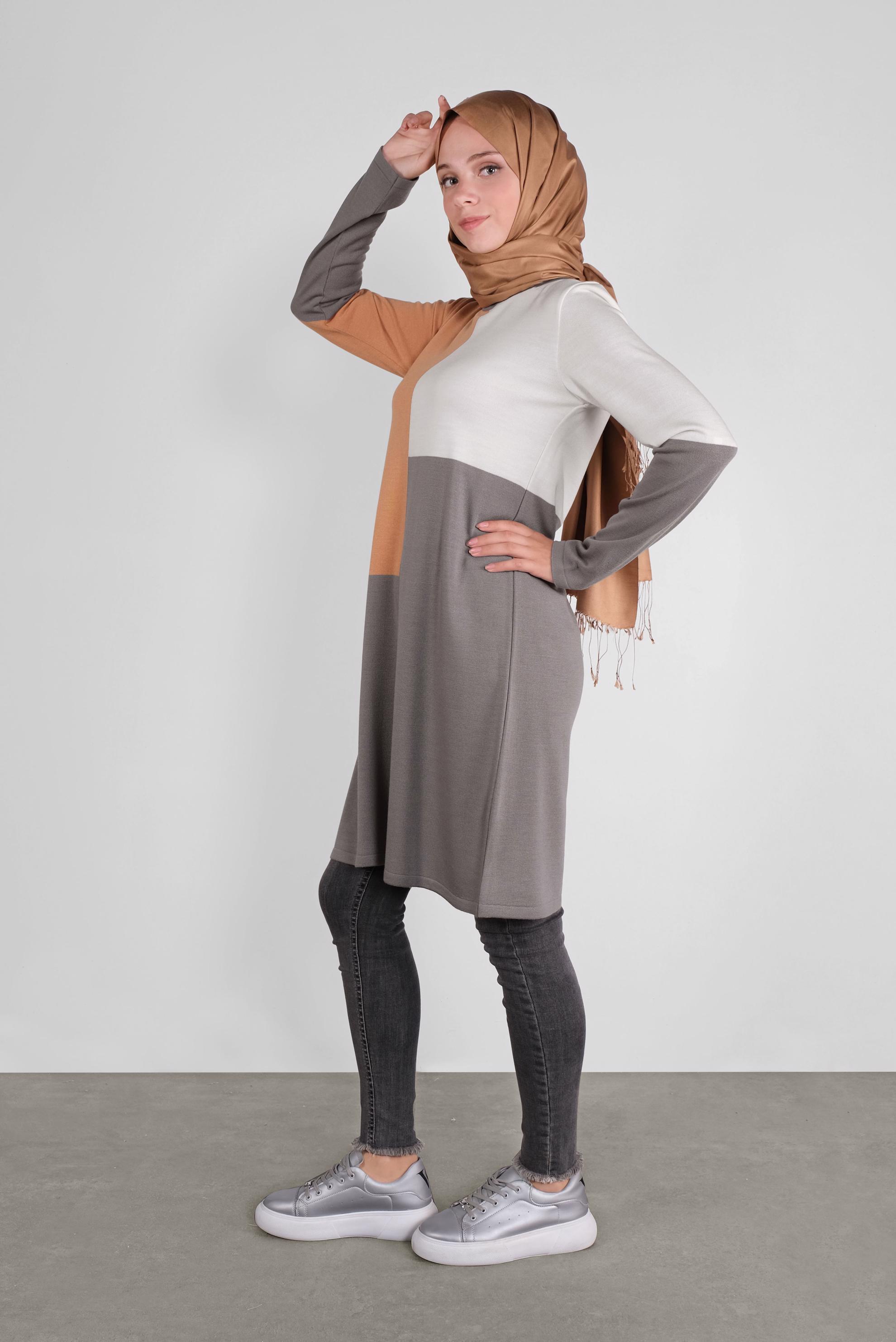 Tesettür giyim PEMBE YUVARLAK YAKA TRİKO TUNİK 41076 