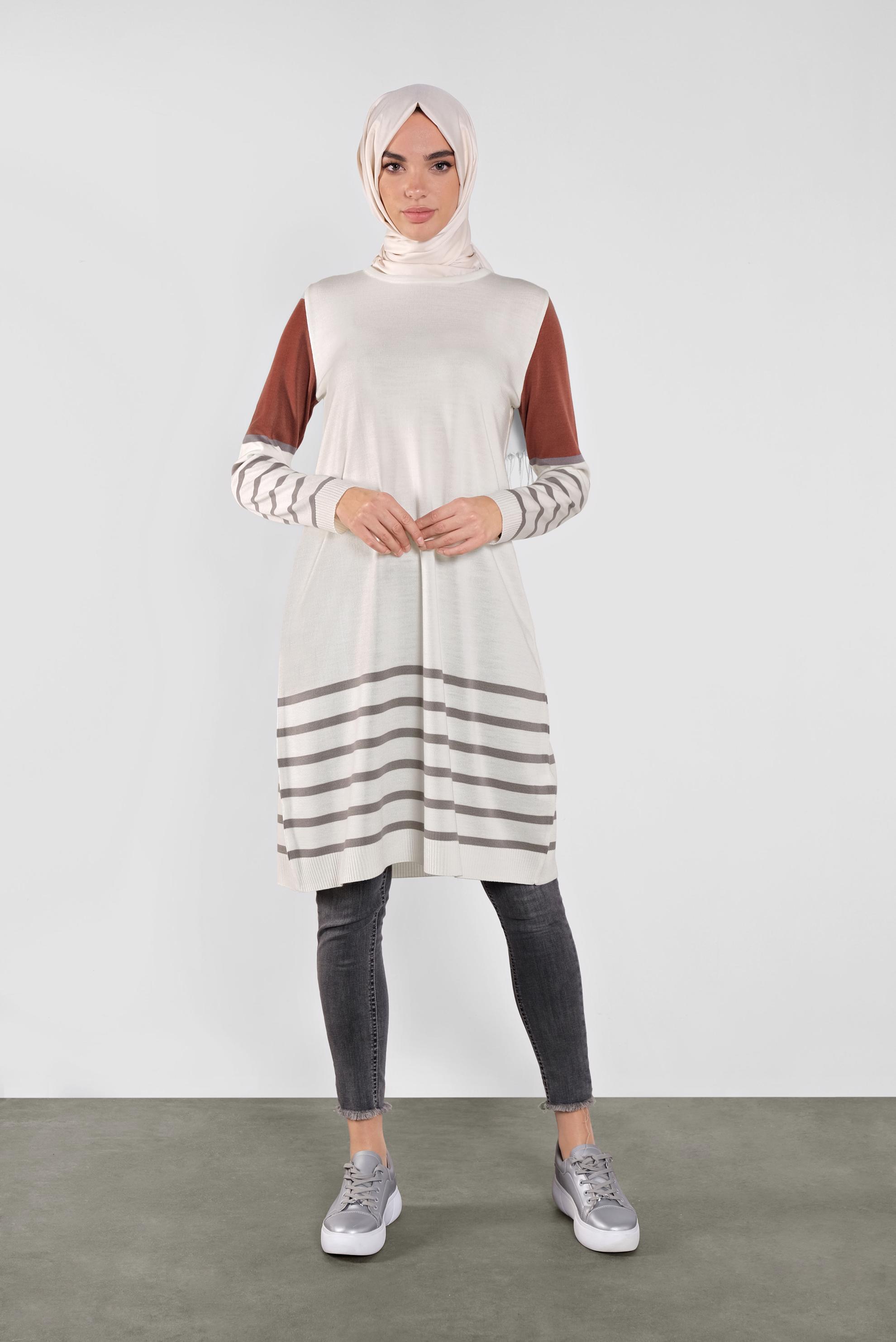 Tesettür giyim BEJ ÇİZGİLİ TRİKO TUNİK 41077 