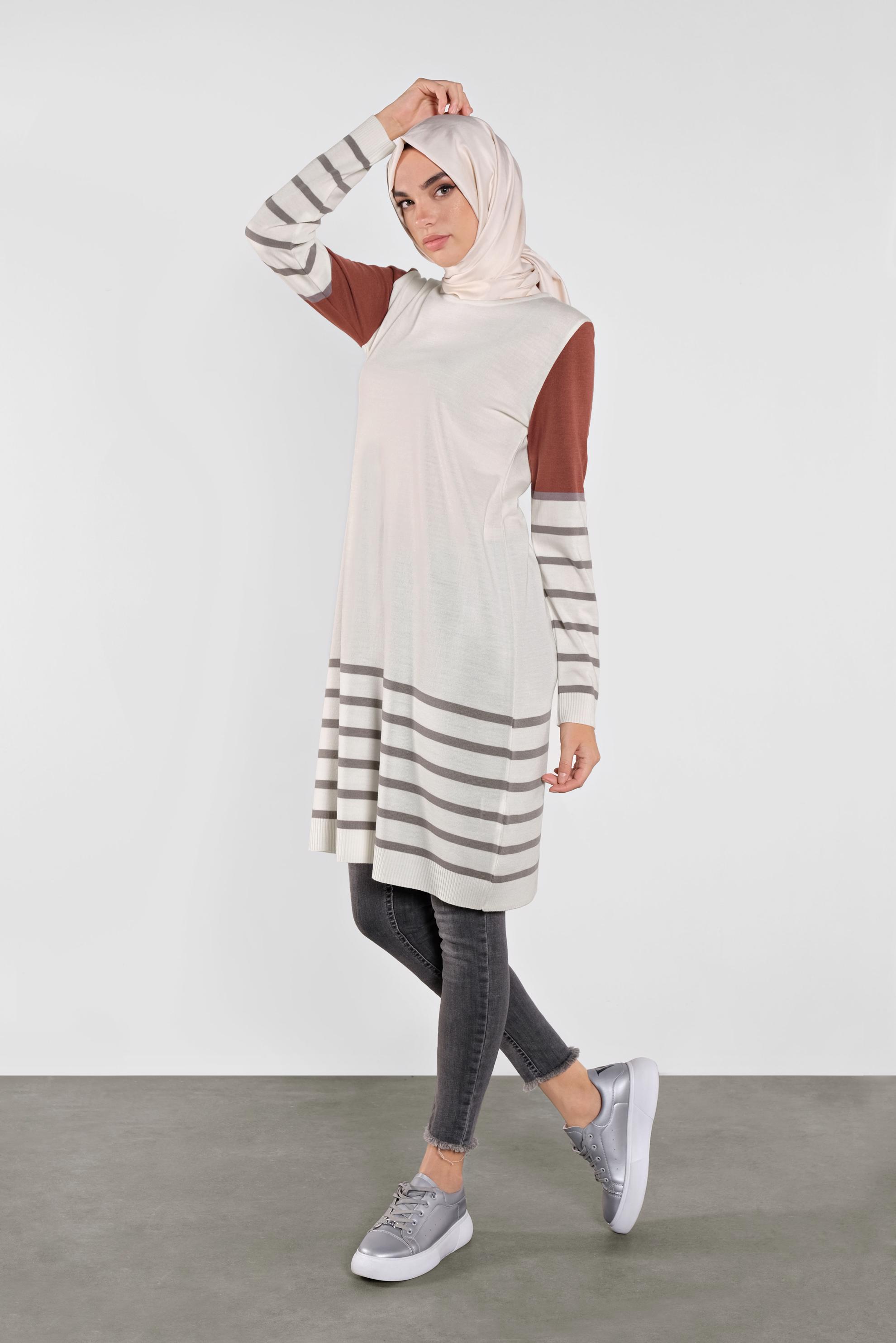 Tesettür giyim BEJ ÇİZGİLİ TRİKO TUNİK 41077 