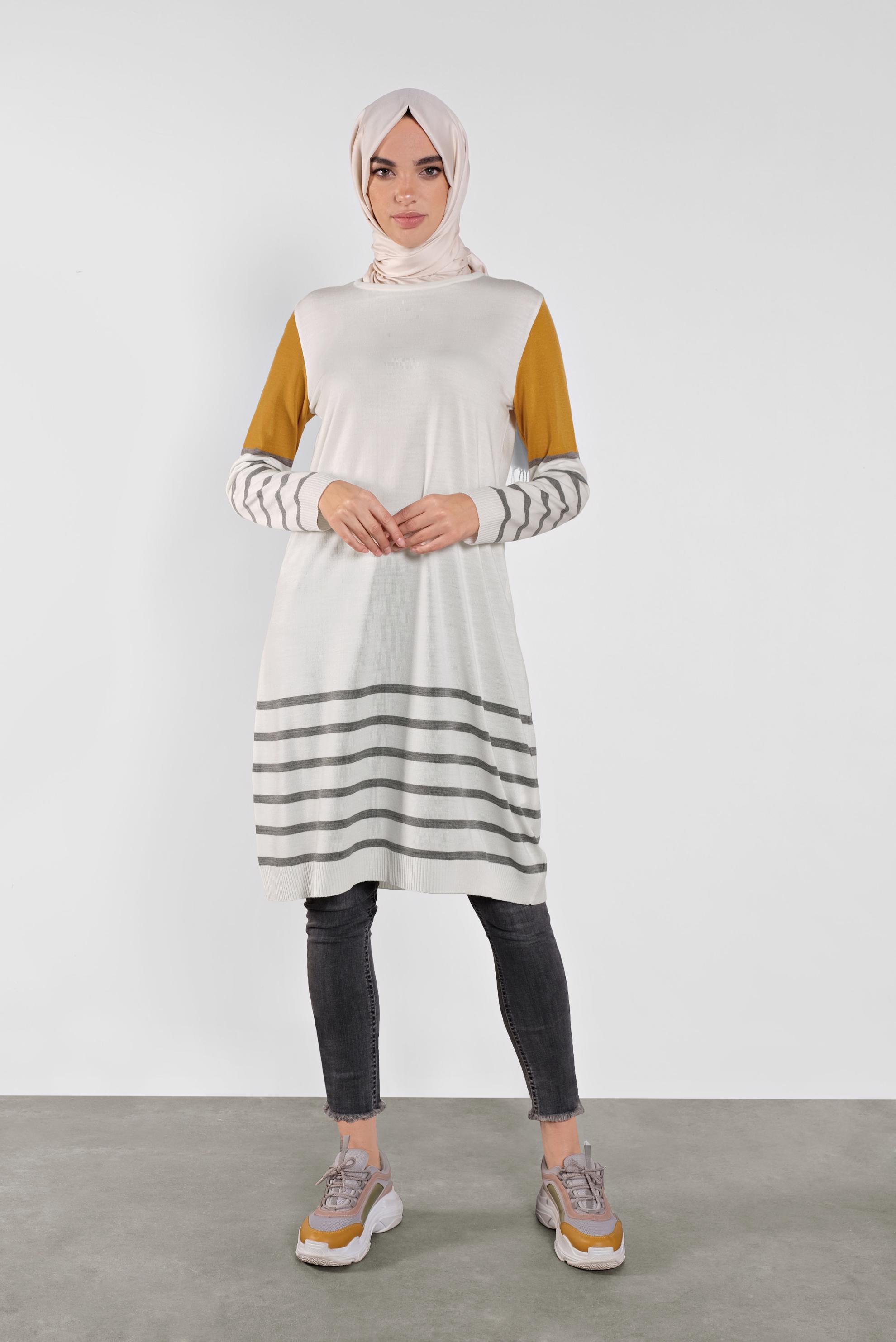 Tesettür giyim BEJ ÇİZGİLİ TRİKO TUNİK 41077 