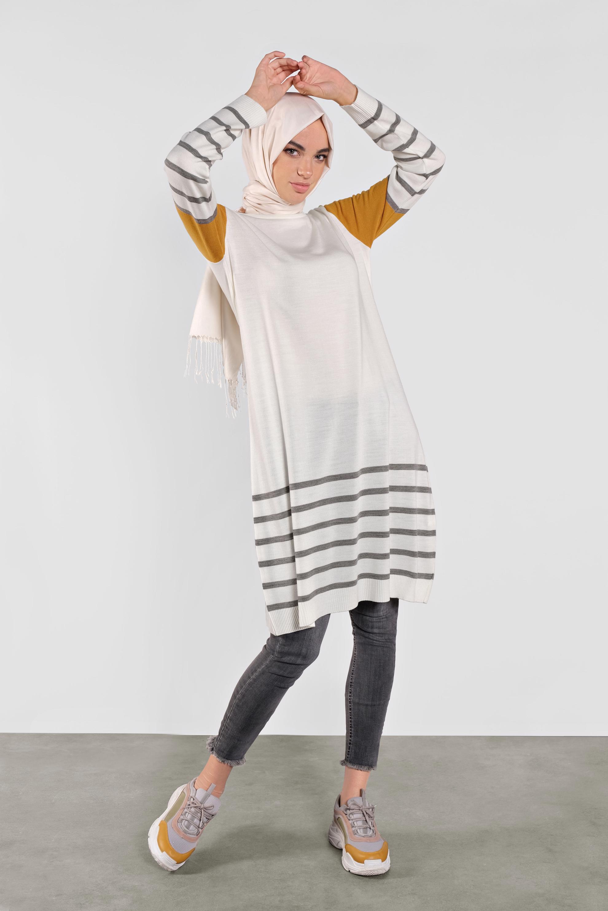 Tesettür giyim BEJ ÇİZGİLİ TRİKO TUNİK 41077 