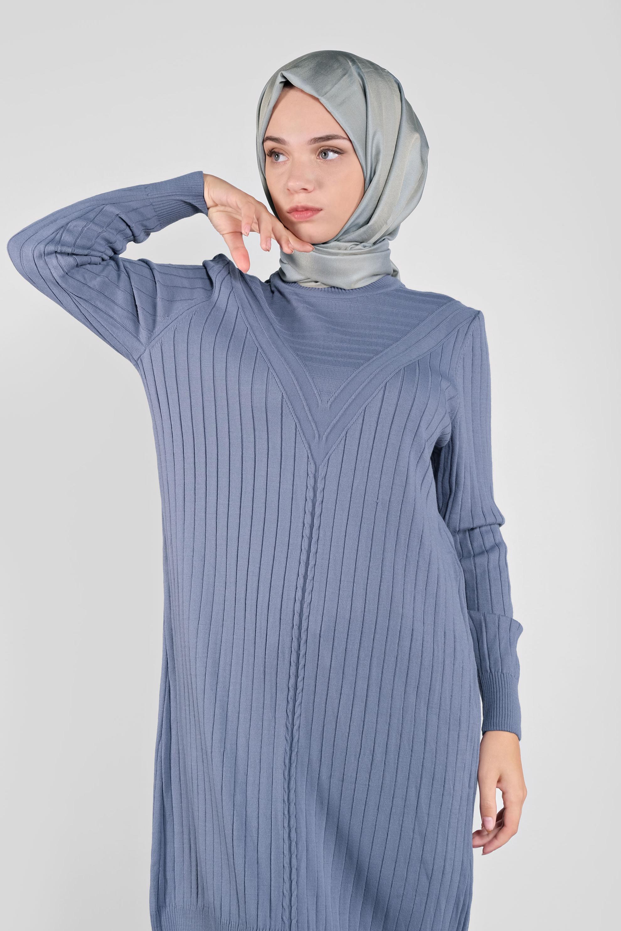 Tesettür giyim MAVİ ÖRGÜ DESENLİ TRİKO TUNİK 41084