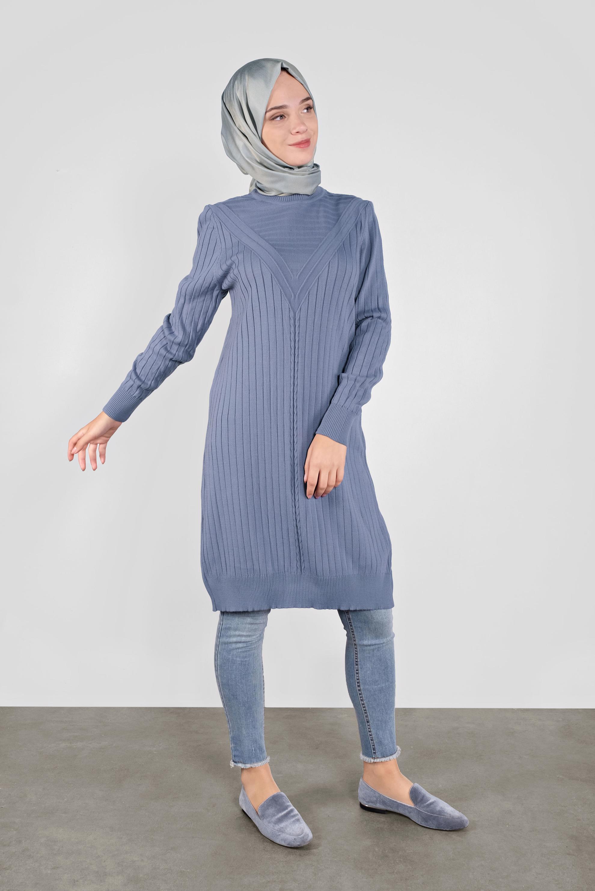 Tesettür giyim MAVİ ÖRGÜ DESENLİ TRİKO TUNİK 41084