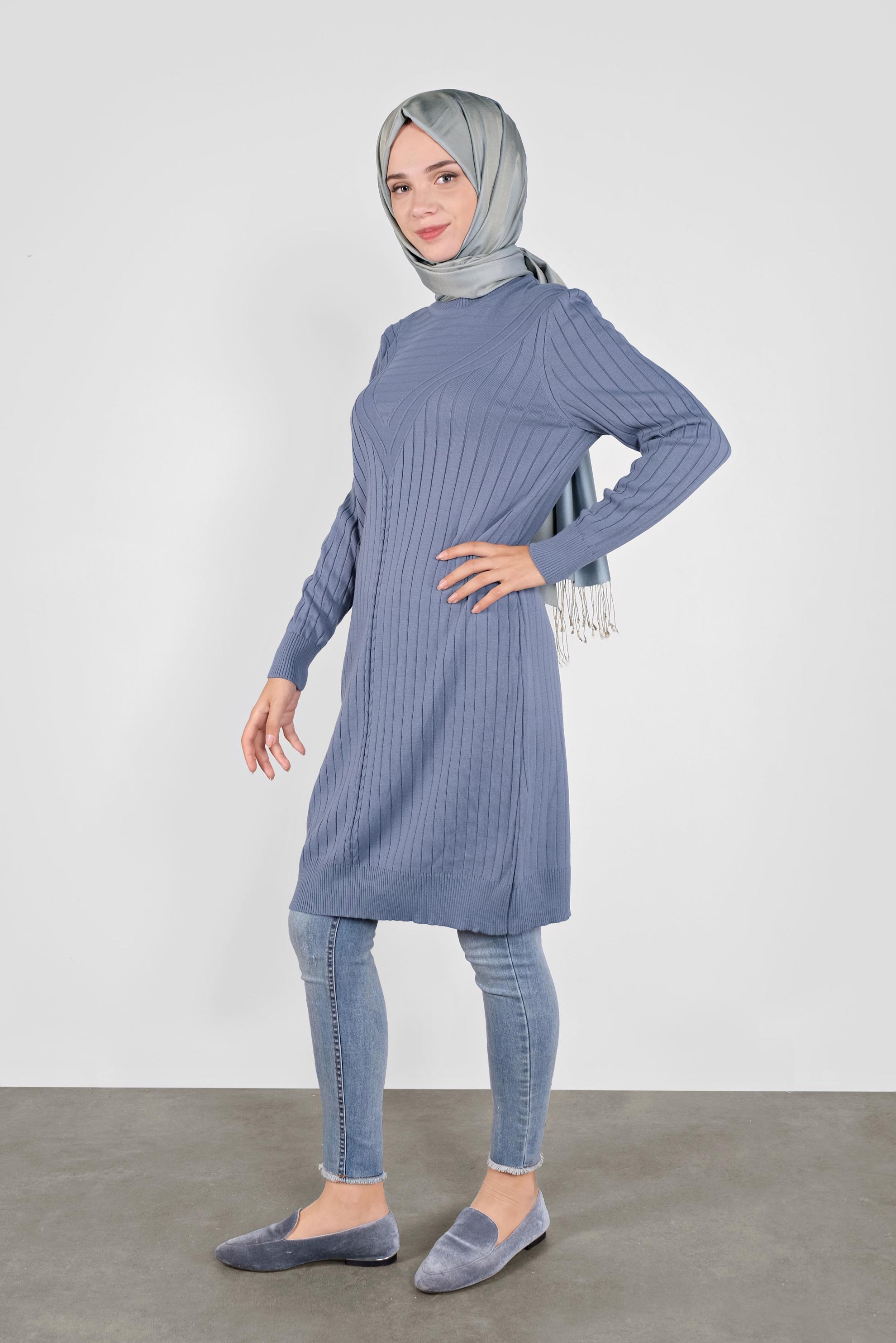 Tesettür giyim MAVİ ÖRGÜ DESENLİ TRİKO TUNİK 41084
