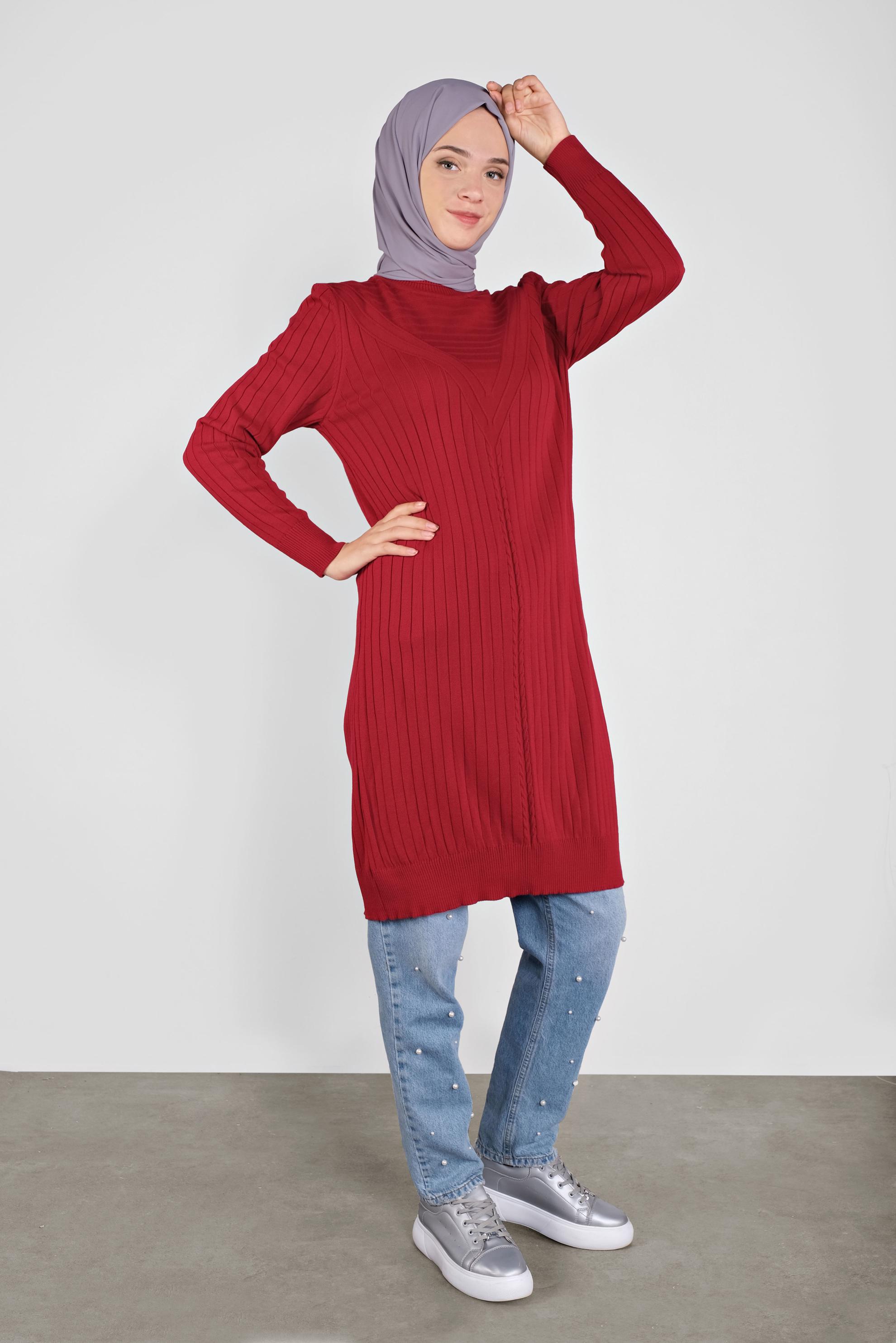 Tesettür giyim KIRMIZI ÖRGÜ DESENLİ TRİKO TUNİK 41084