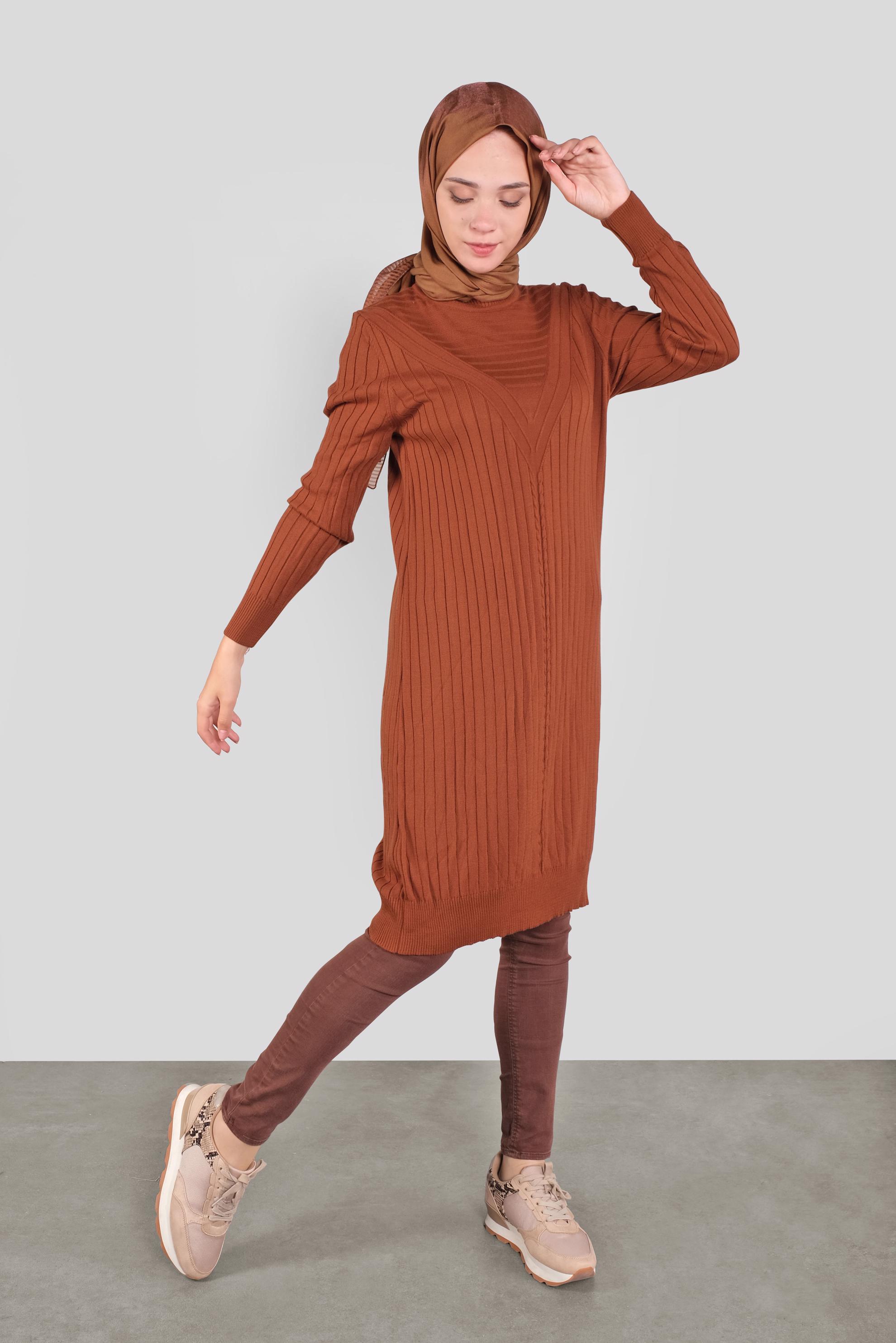 Tesettür giyim TURUNCU ÖRGÜ DESENLİ TRİKO TUNİK 41084