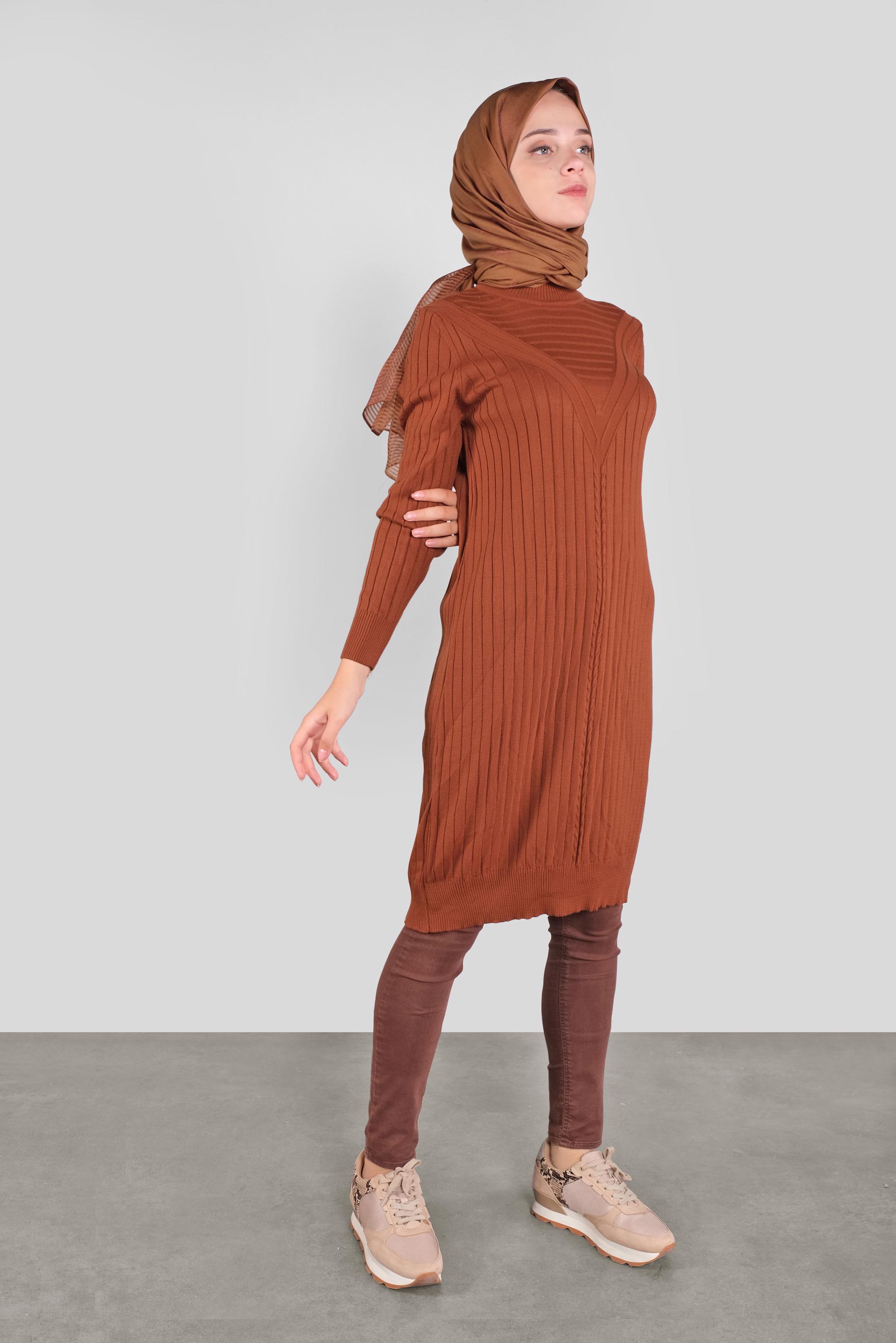 Tesettür giyim TURUNCU ÖRGÜ DESENLİ TRİKO TUNİK 41084