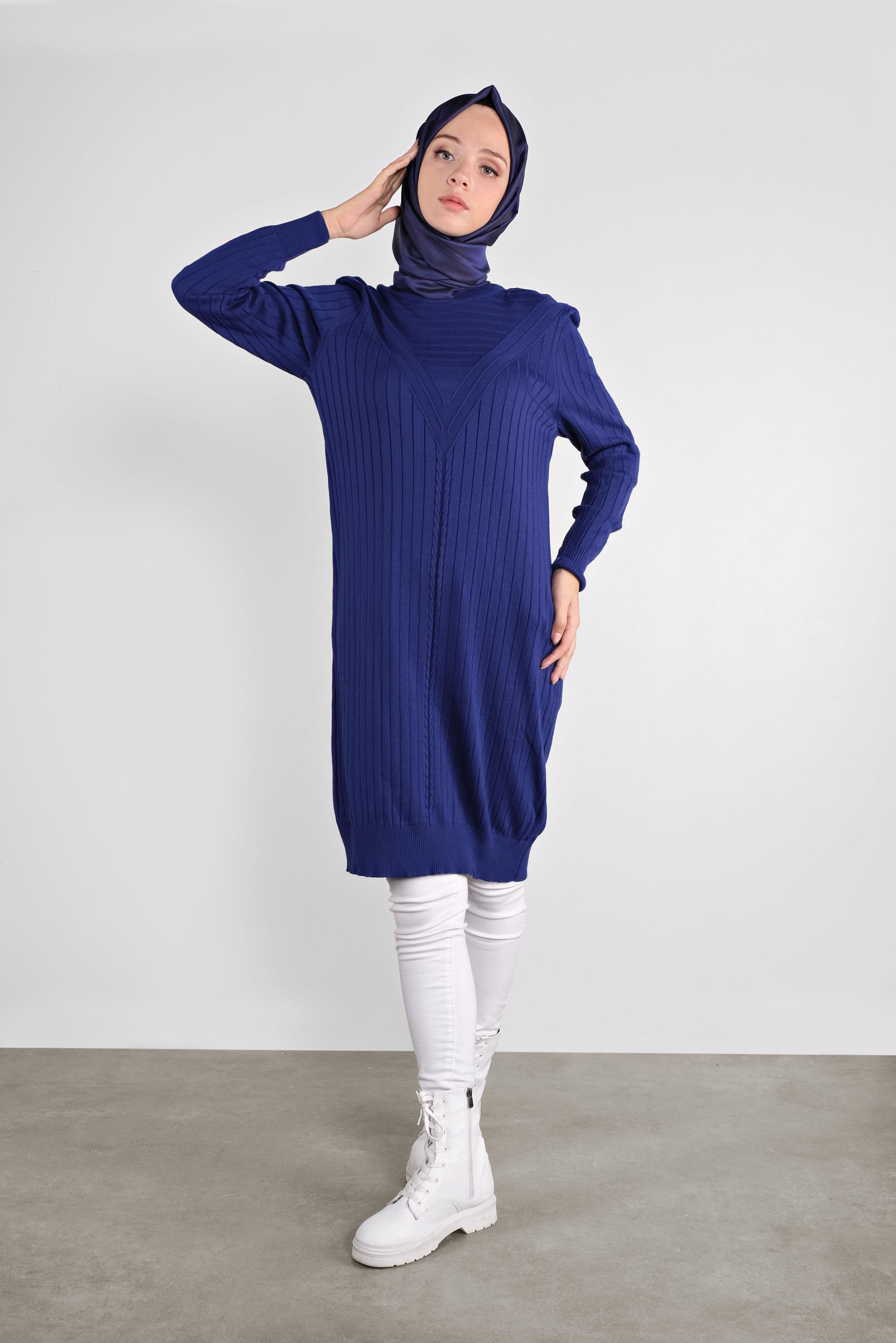 Tesettür giyim LACİVERT ÖRGÜ DESENLİ TRİKO TUNİK 41084