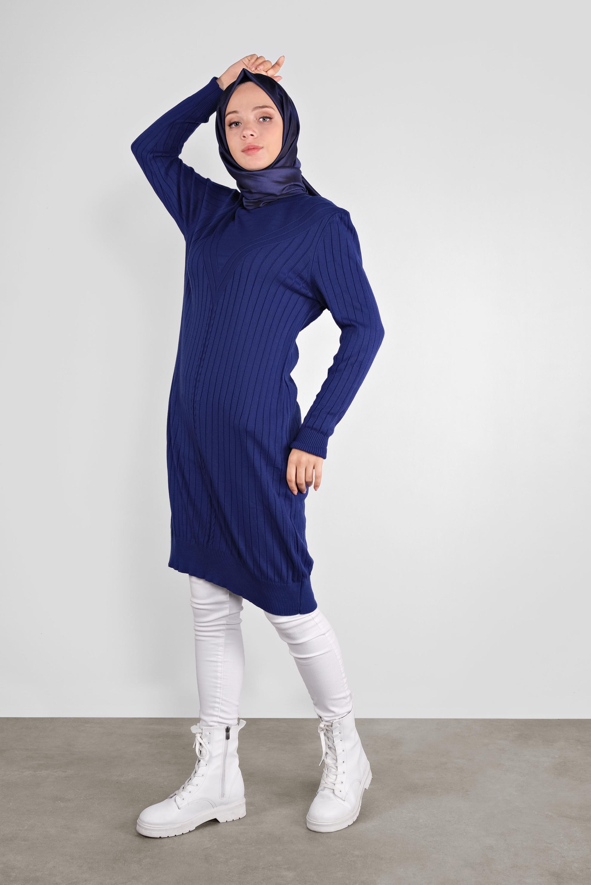 Tesettür giyim LACİVERT ÖRGÜ DESENLİ TRİKO TUNİK 41084