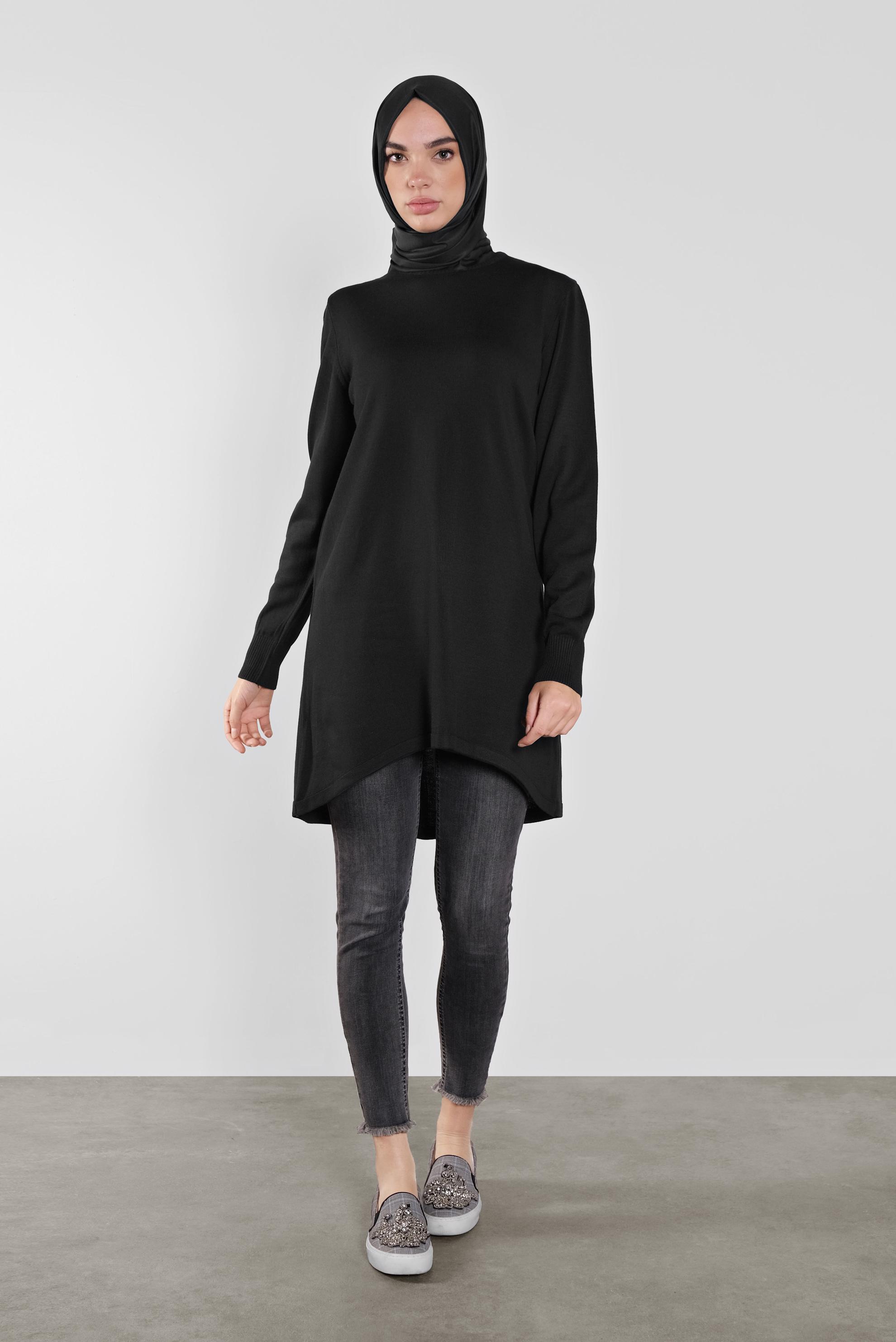 Tesettür giyim SİYAH ASİMETRİK KESİM TRİKO TUNİK 41085 