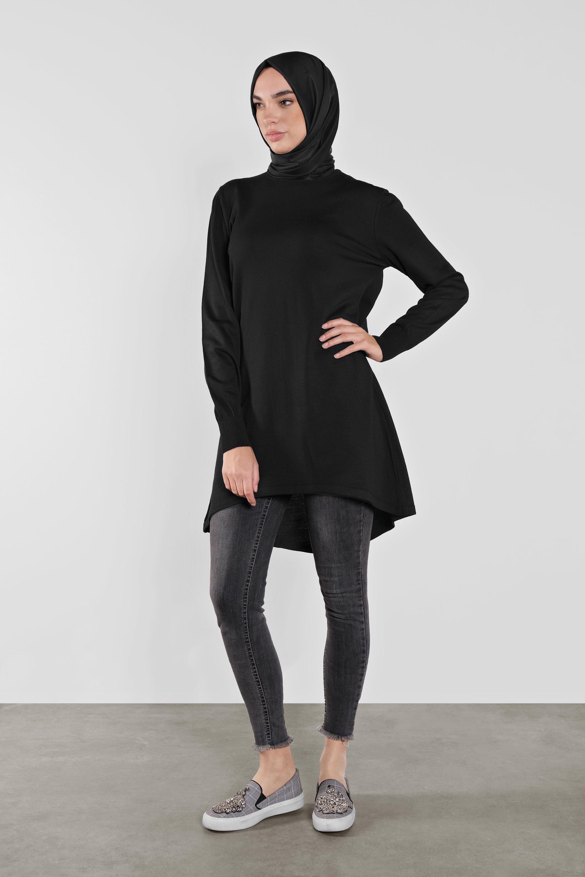 Tesettür giyim SİYAH ASİMETRİK KESİM TRİKO TUNİK 41085 