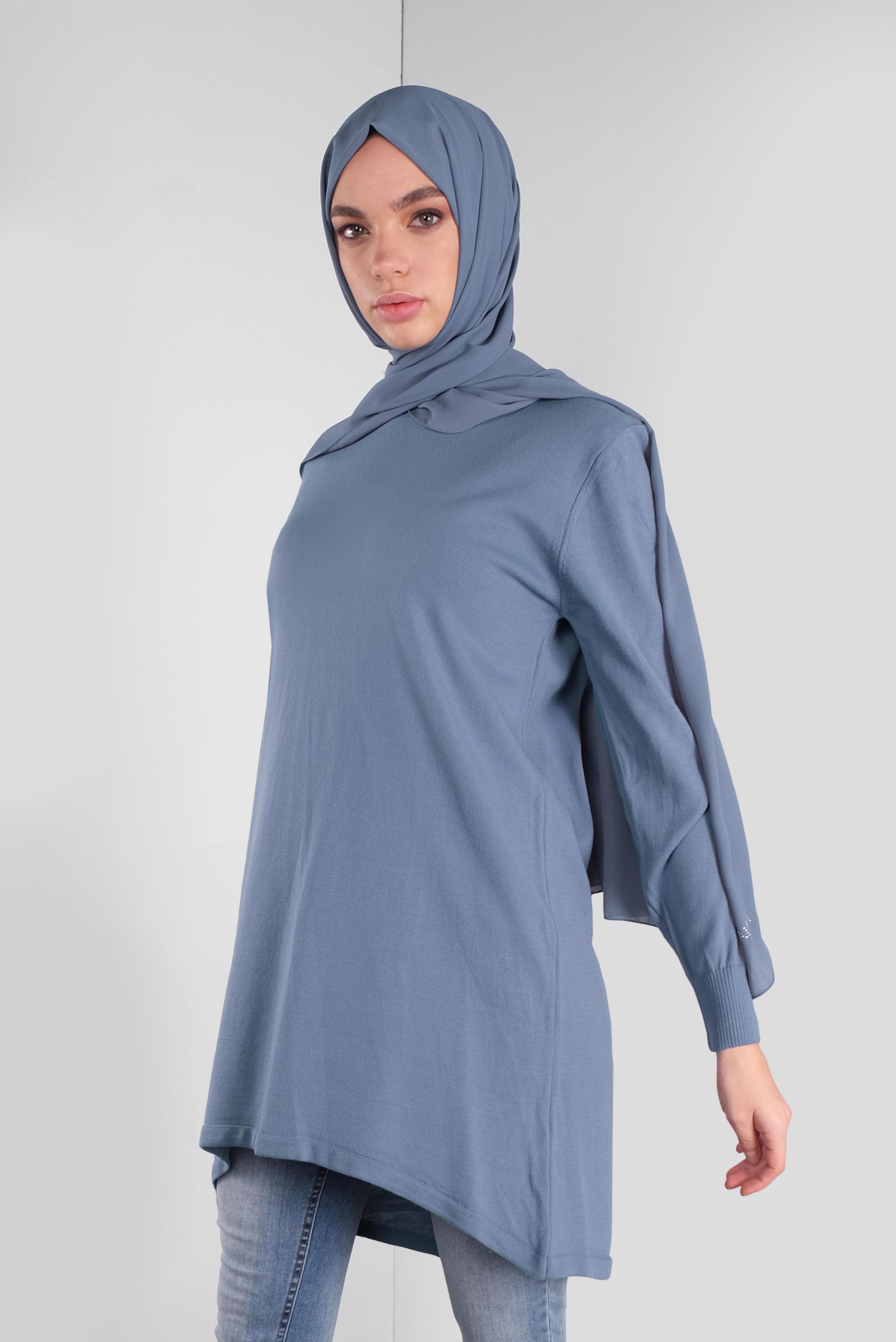 Tesettür giyim MAVİ ASİMETRİK KESİM TRİKO TUNİK 41085 