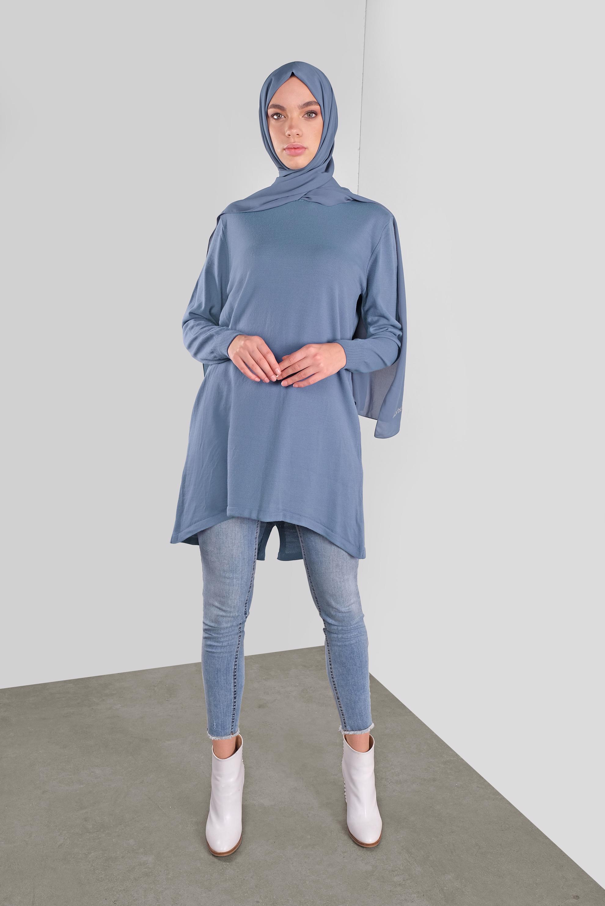 Tesettür giyim MAVİ ASİMETRİK KESİM TRİKO TUNİK 41085 