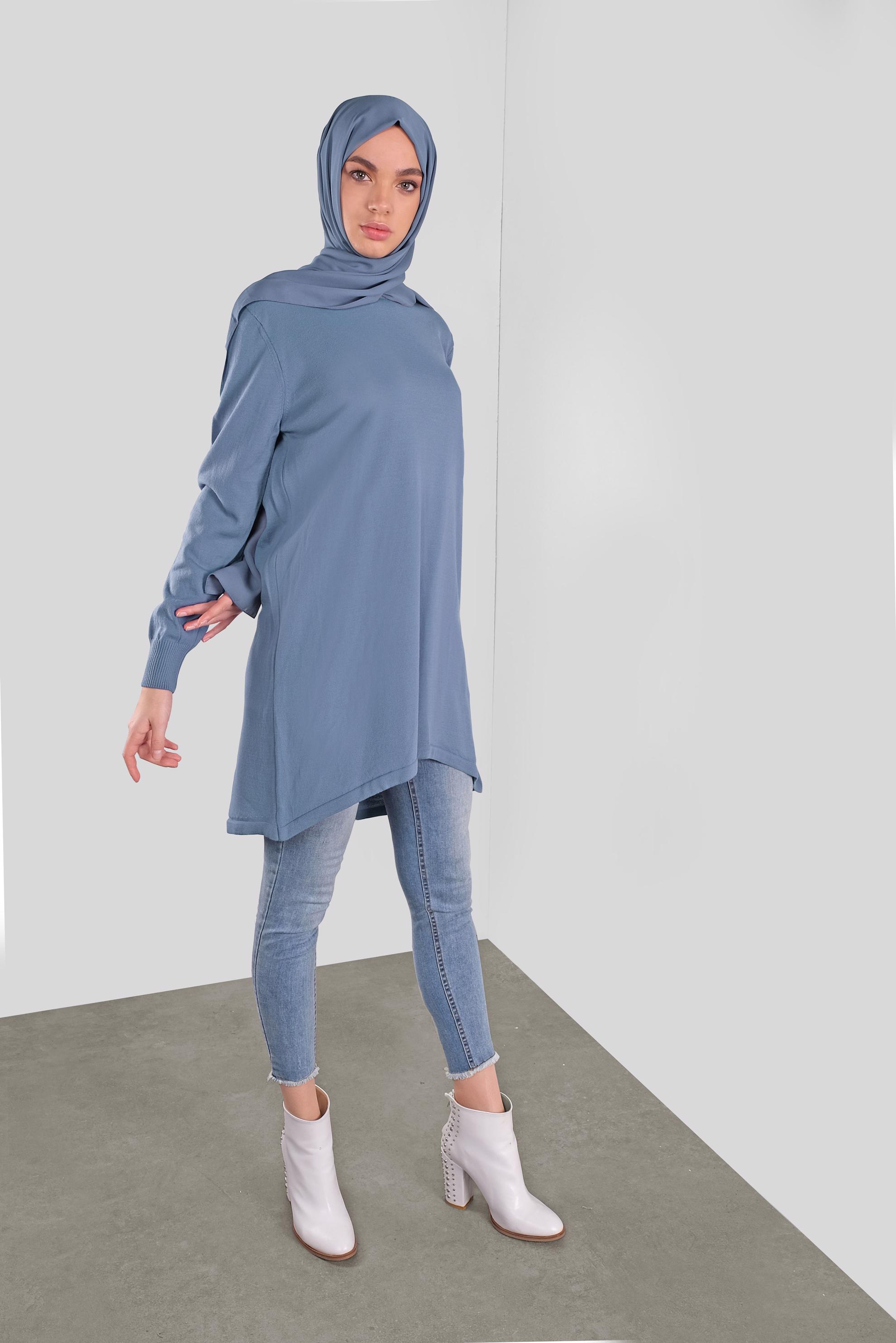 Tesettür giyim MAVİ ASİMETRİK KESİM TRİKO TUNİK 41085 