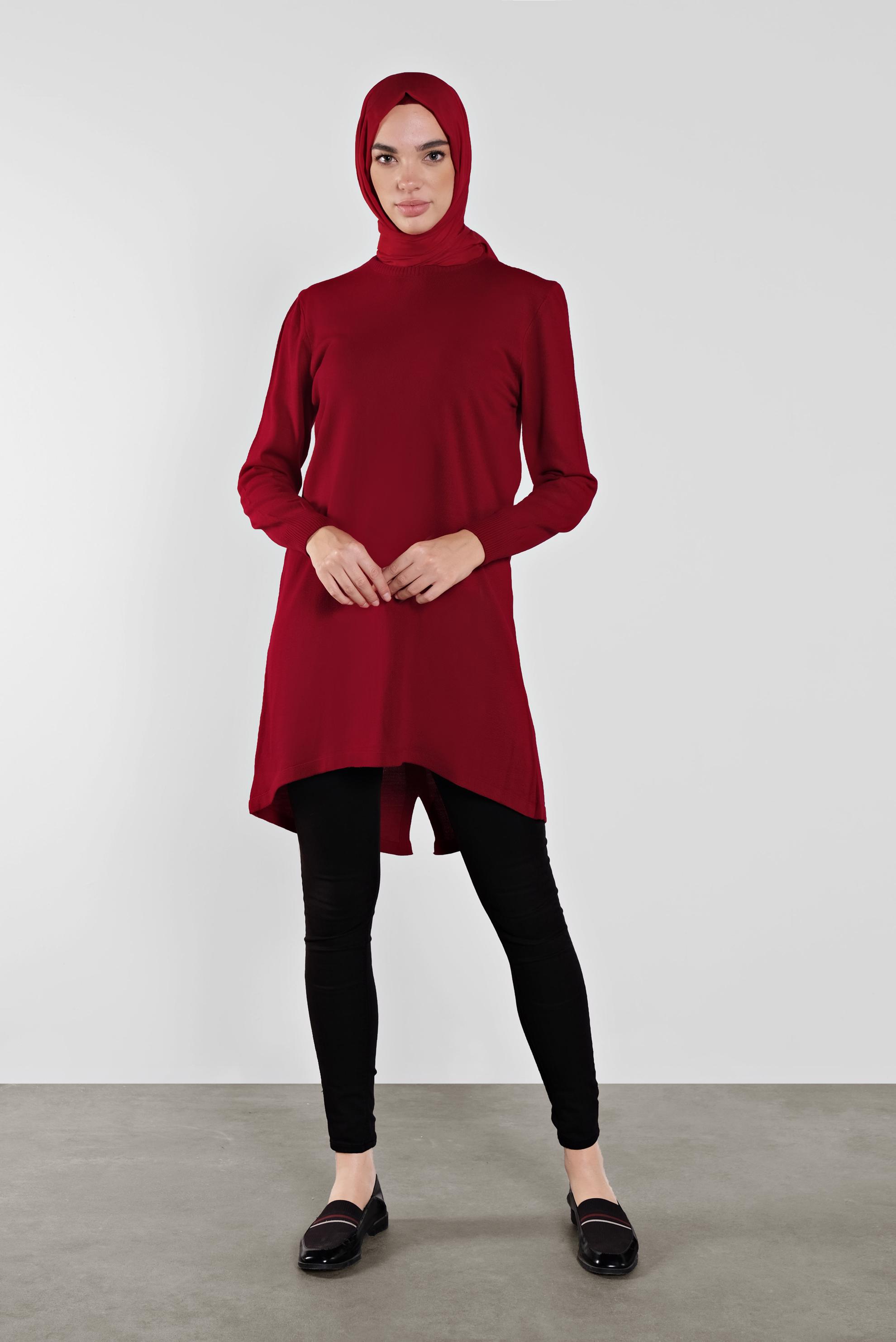 Tesettür giyim KIRMIZI ASİMETRİK KESİM TRİKO TUNİK 41085 