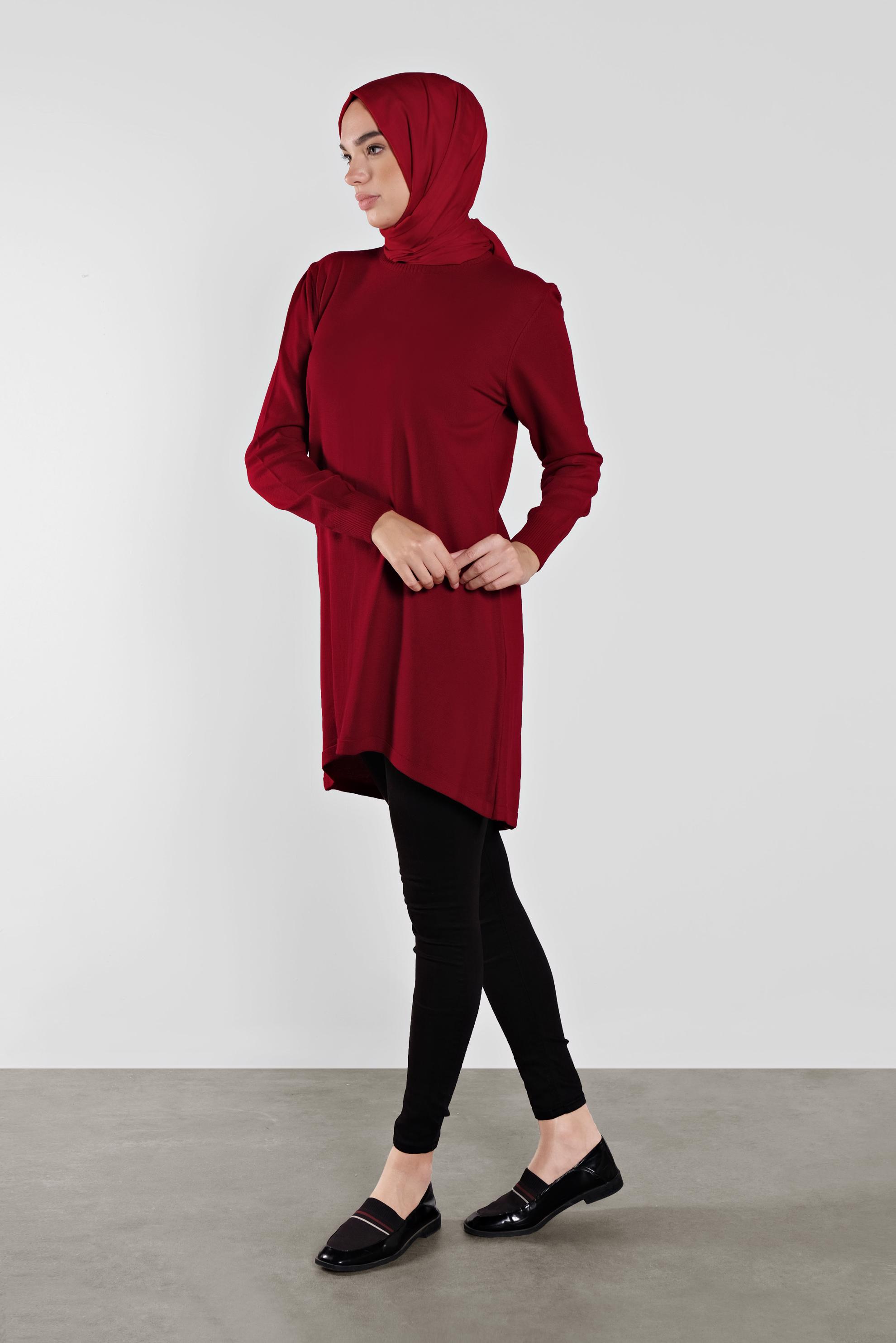 Tesettür giyim KIRMIZI ASİMETRİK KESİM TRİKO TUNİK 41085 