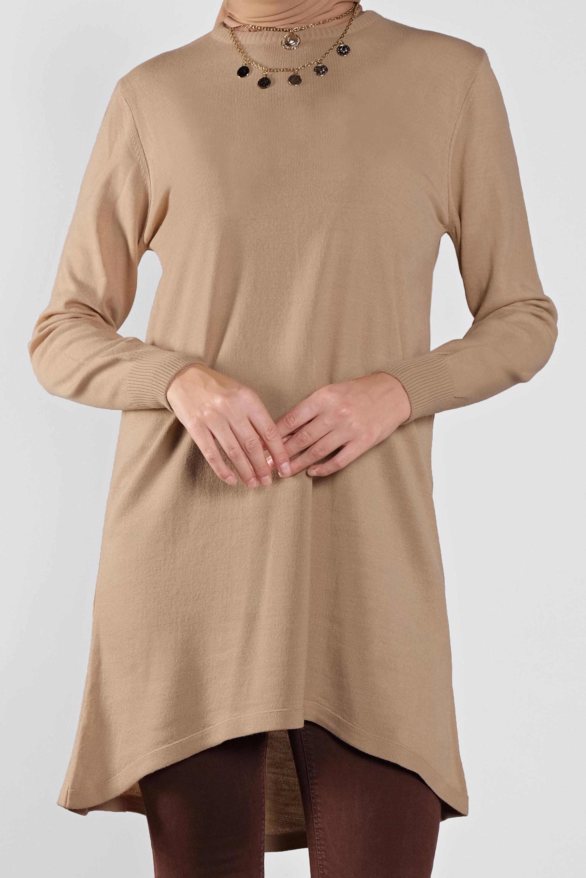 Tesettür giyim BEJ ASİMETRİK KESİM TRİKO TUNİK 41085 