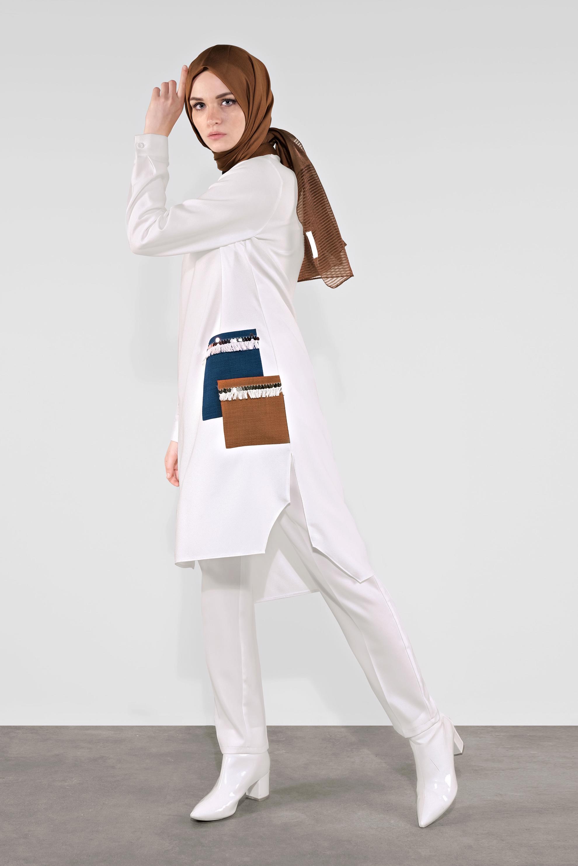 Tesettür giyim BEYAZ PÜSKÜL DETAYLI TUNİK 41121 