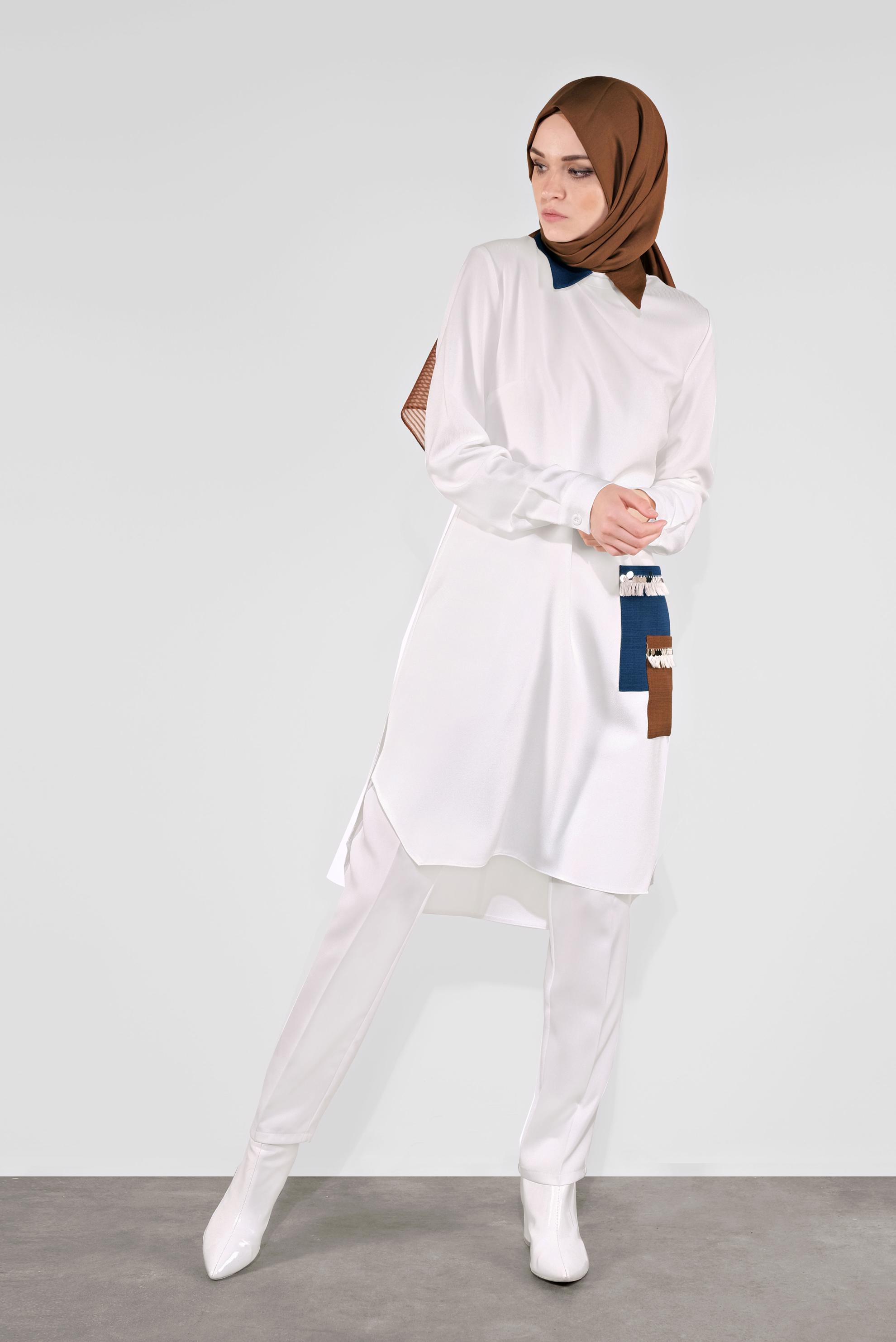 Tesettür giyim BEYAZ PÜSKÜL DETAYLI TUNİK 41121 