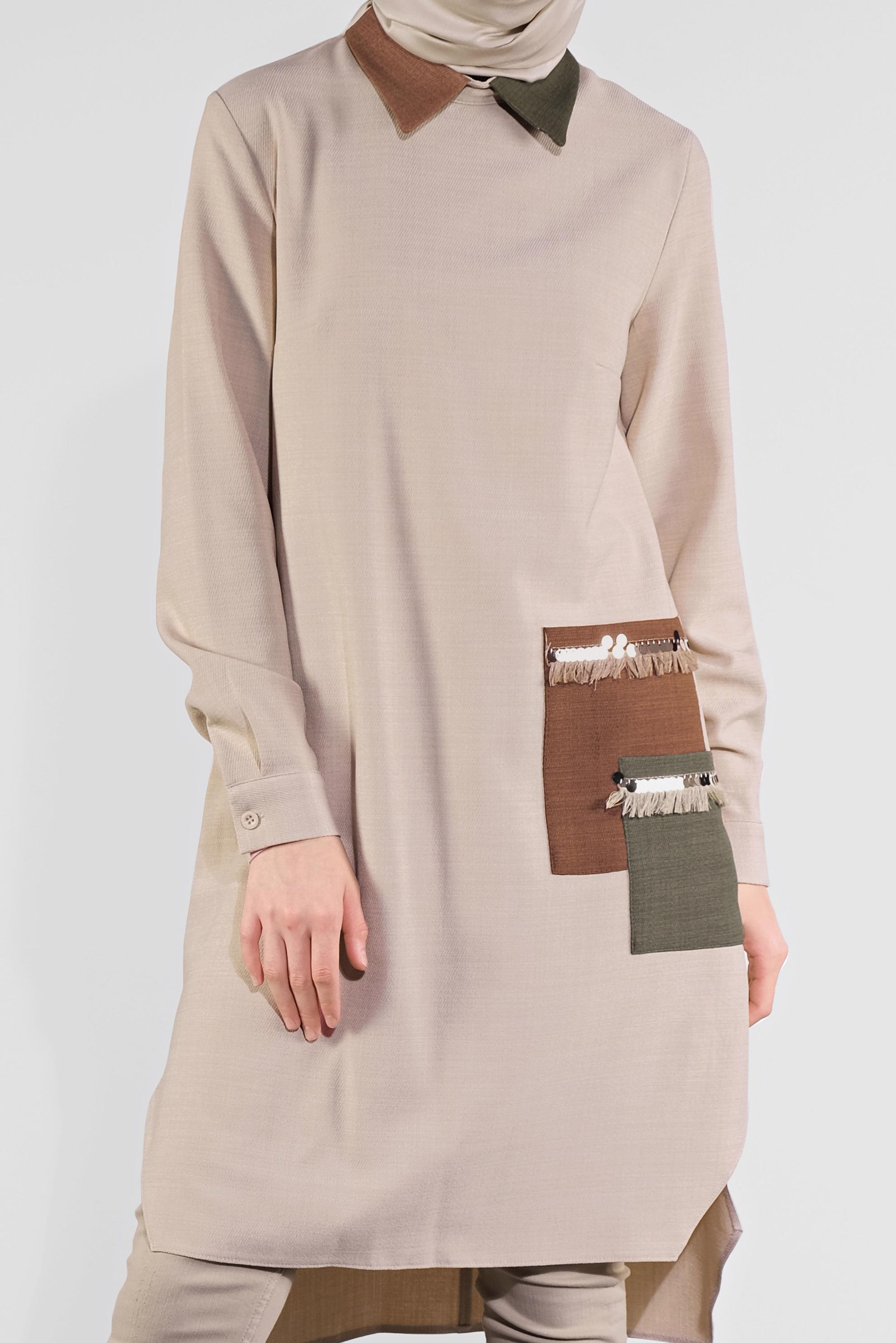 Tesettür giyim BEJ PÜSKÜL DETAYLI TUNİK 41121 