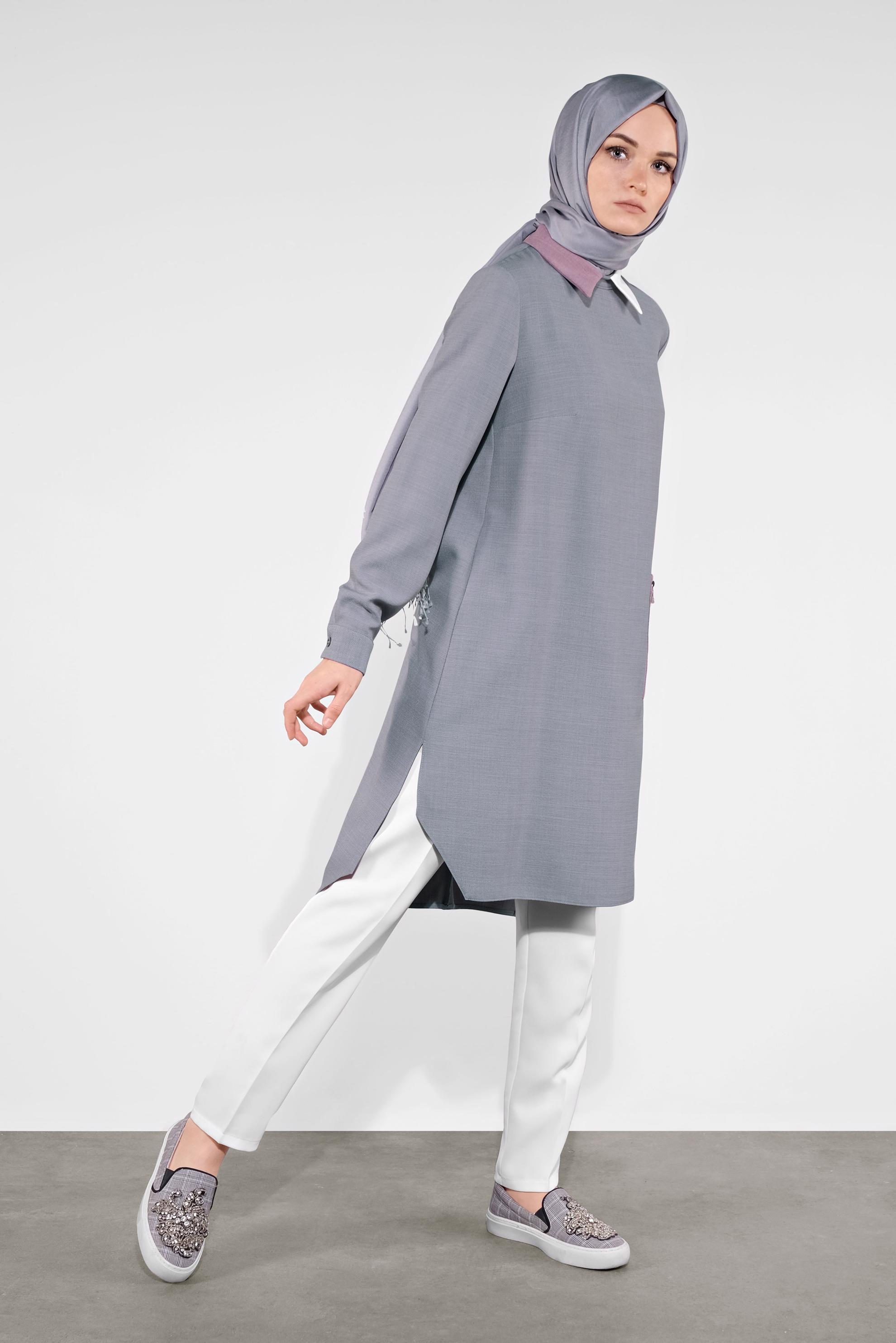 Tesettür giyim GRİ PÜSKÜL DETAYLI TUNİK 41121 