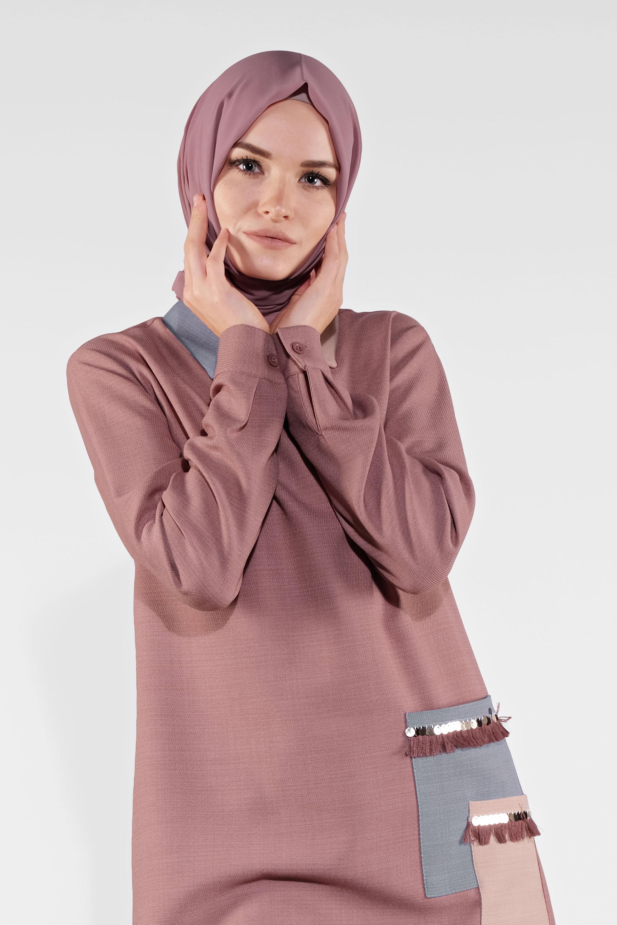 Tesettür giyim PUDRA PÜSKÜL DETAYLI TUNİK 41121 