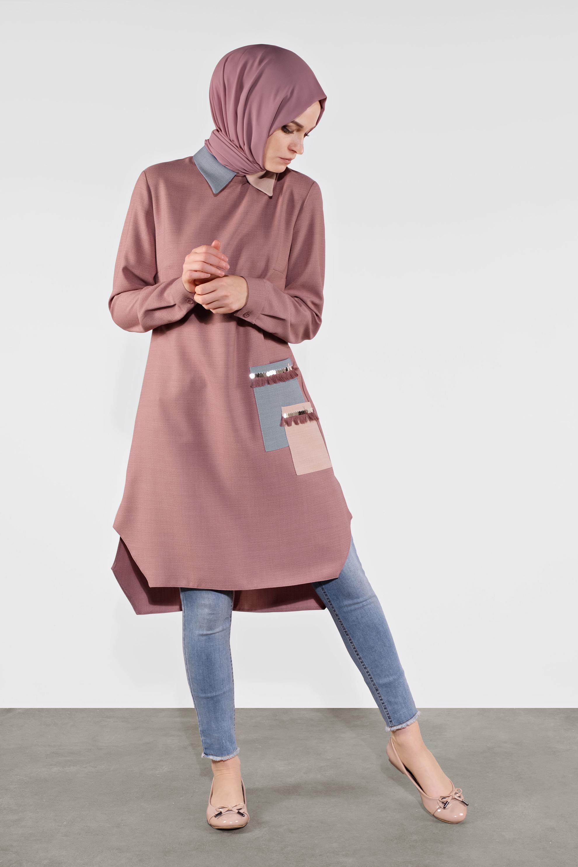 Tesettür giyim PUDRA PÜSKÜL DETAYLI TUNİK 41121 