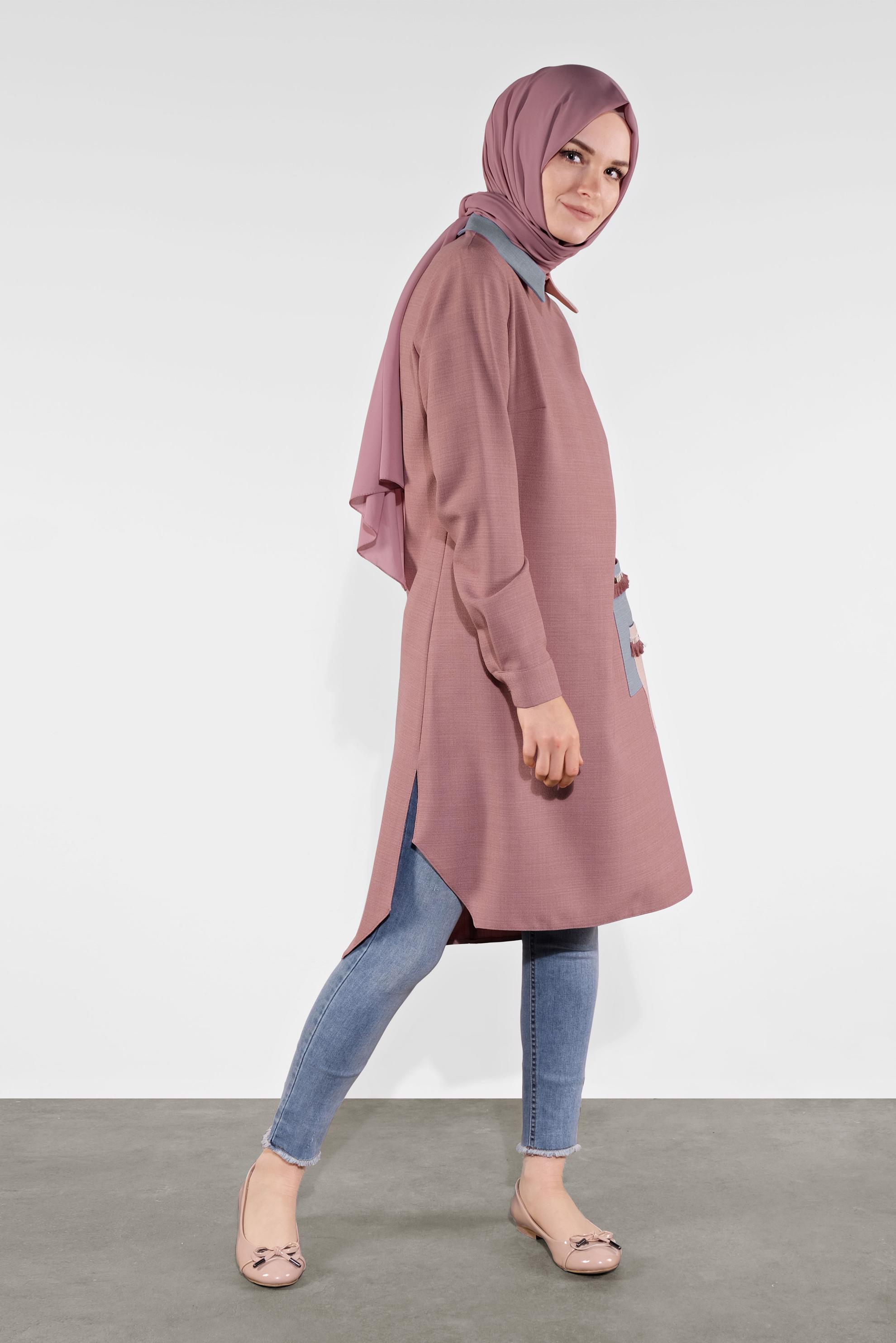 Tesettür giyim PUDRA PÜSKÜL DETAYLI TUNİK 41121 
