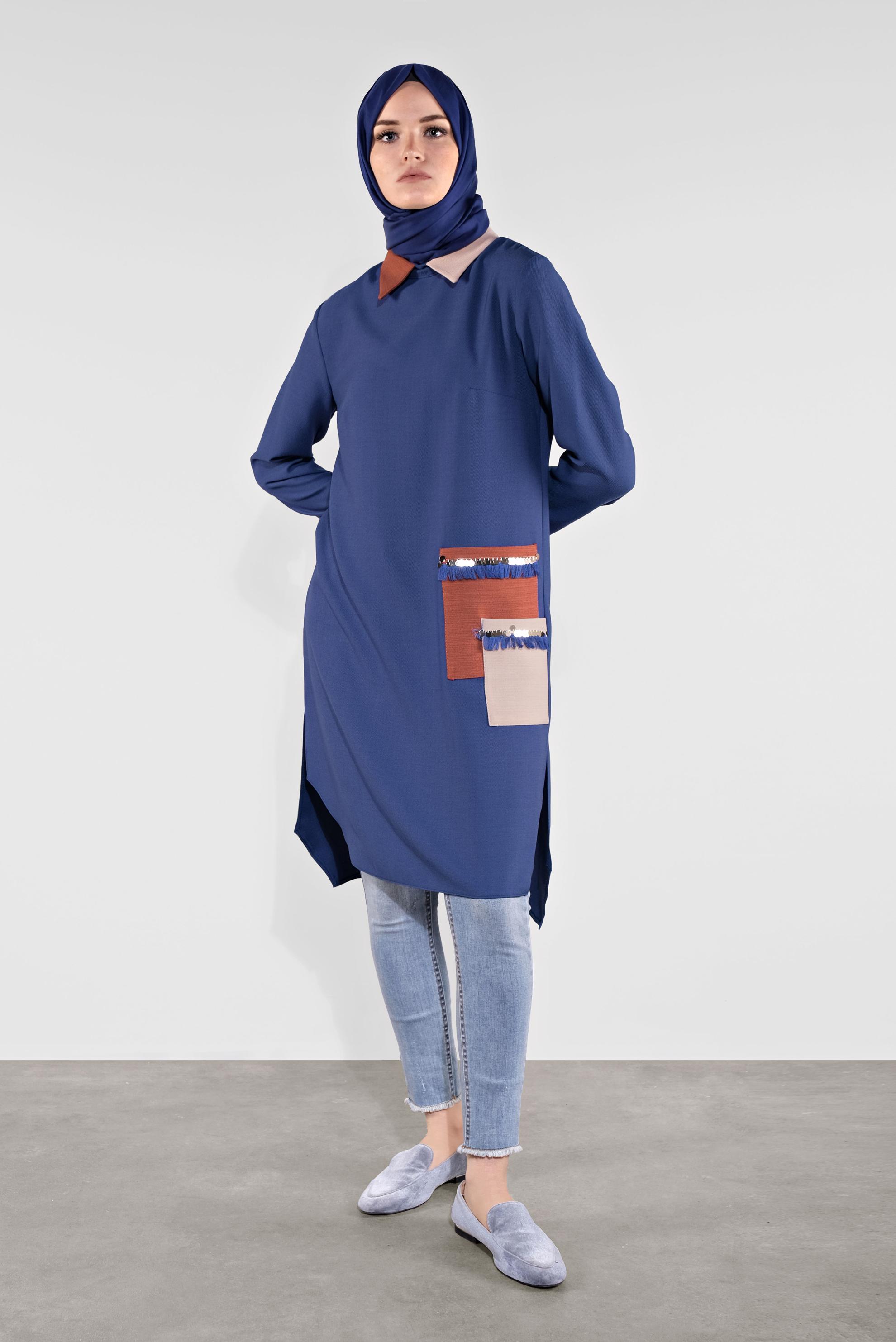 Tesettür giyim LACİVERT PÜSKÜL DETAYLI TUNİK 41121 