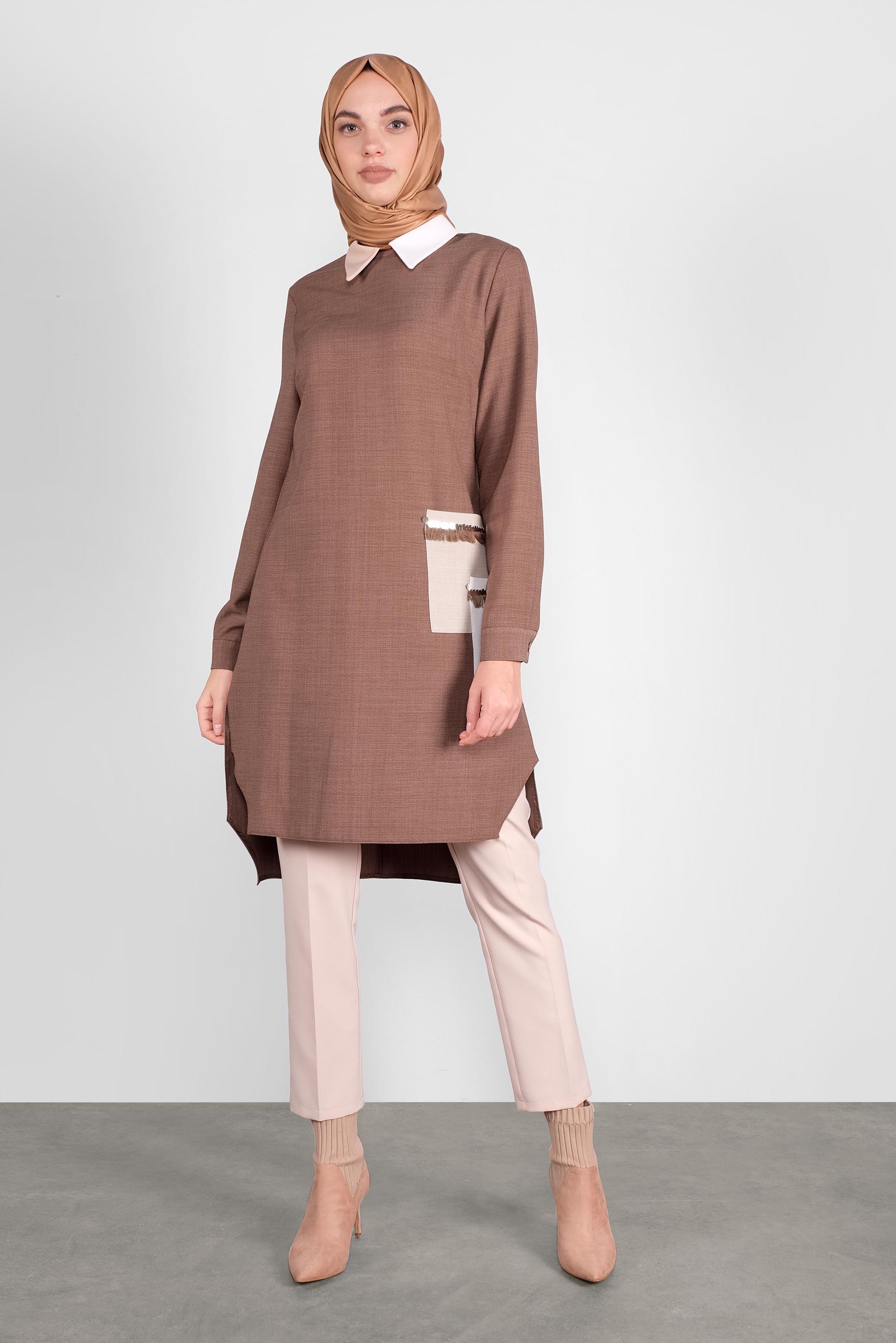 Tesettür giyim KAHVE PÜSKÜL DETAYLI TUNİK 41121 