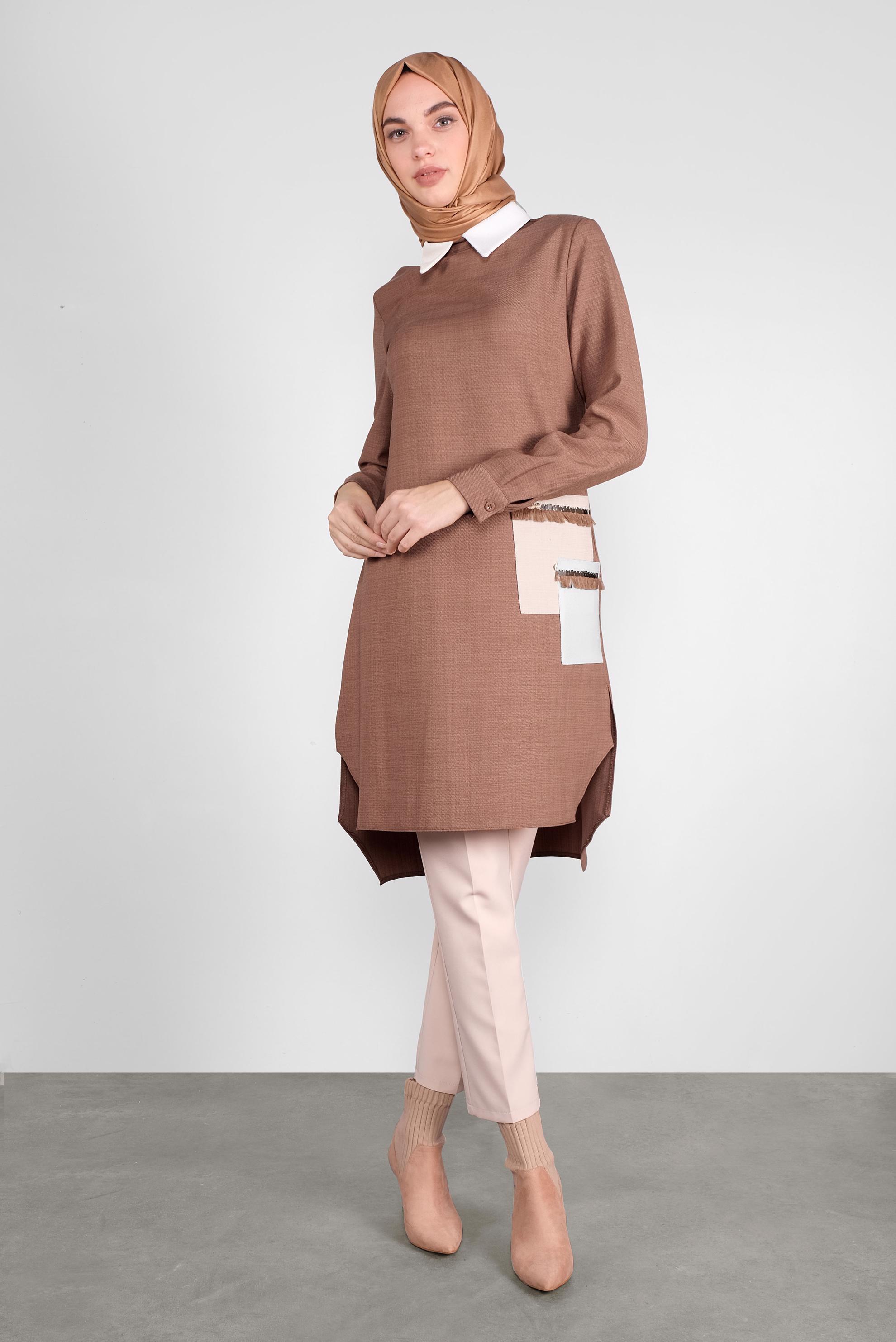 Tesettür giyim KAHVE PÜSKÜL DETAYLI TUNİK 41121 