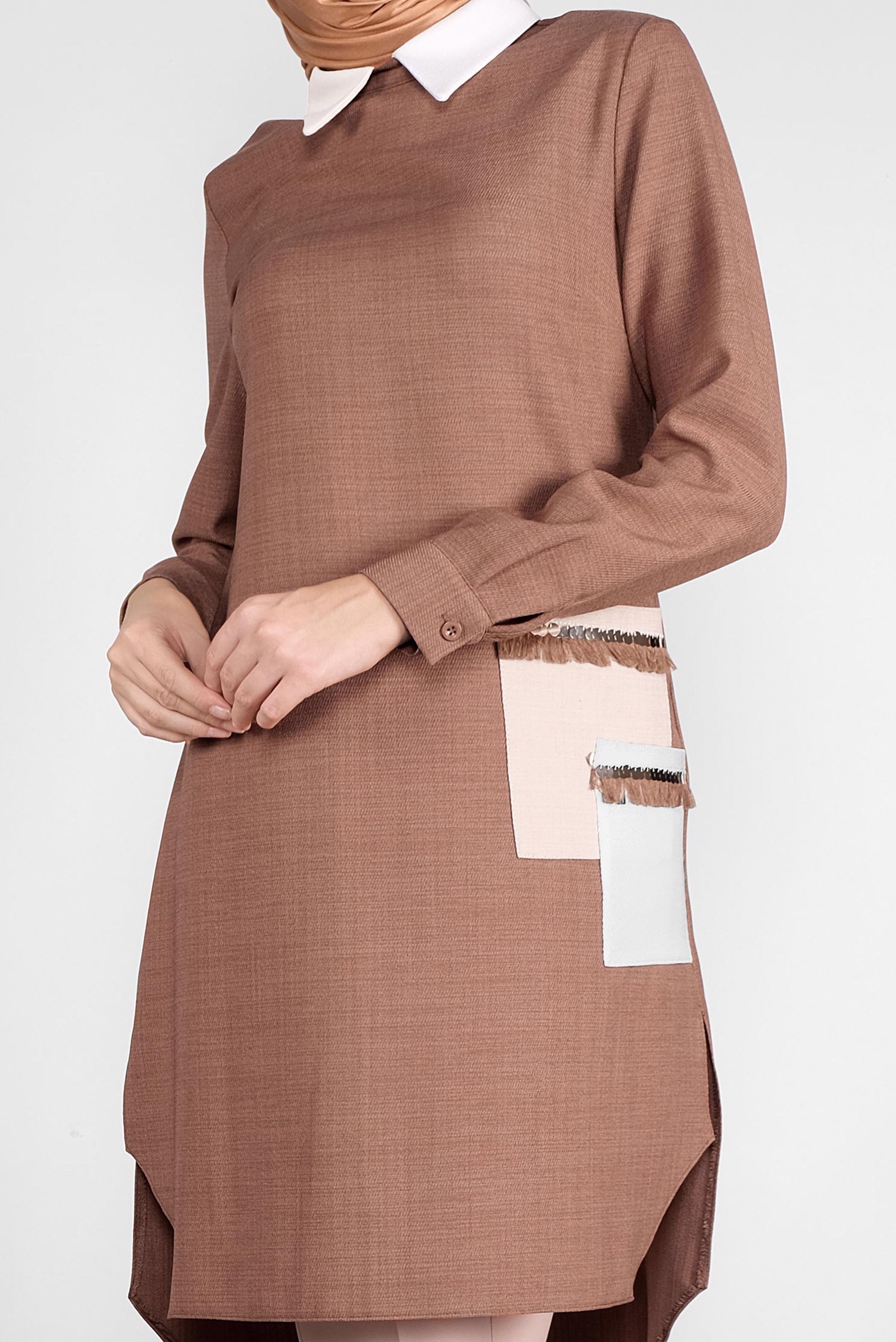 Tesettür giyim KAHVE PÜSKÜL DETAYLI TUNİK 41121 