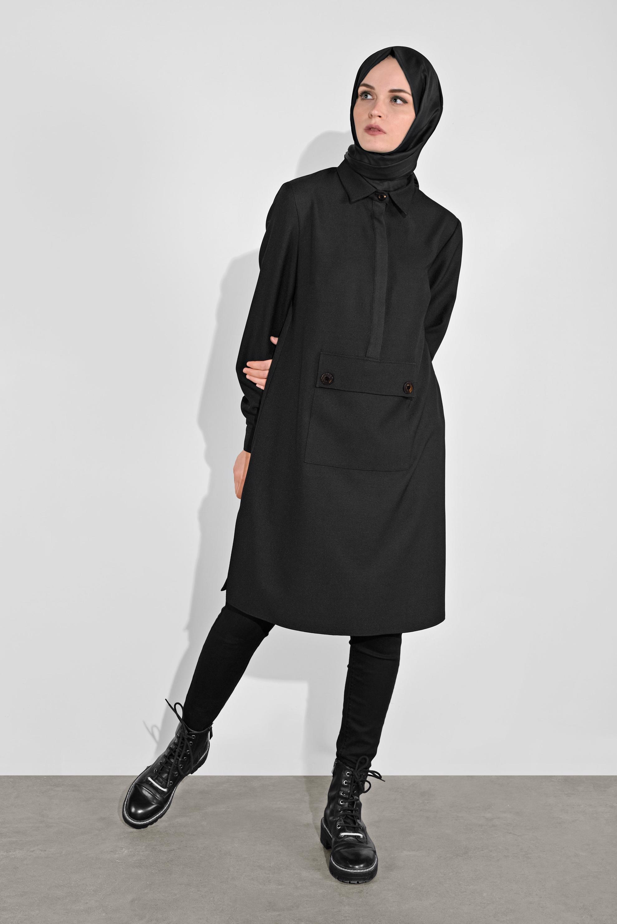 Tesettür giyim SİYAH ÖNÜ CEPLİ TUNİK 41122 