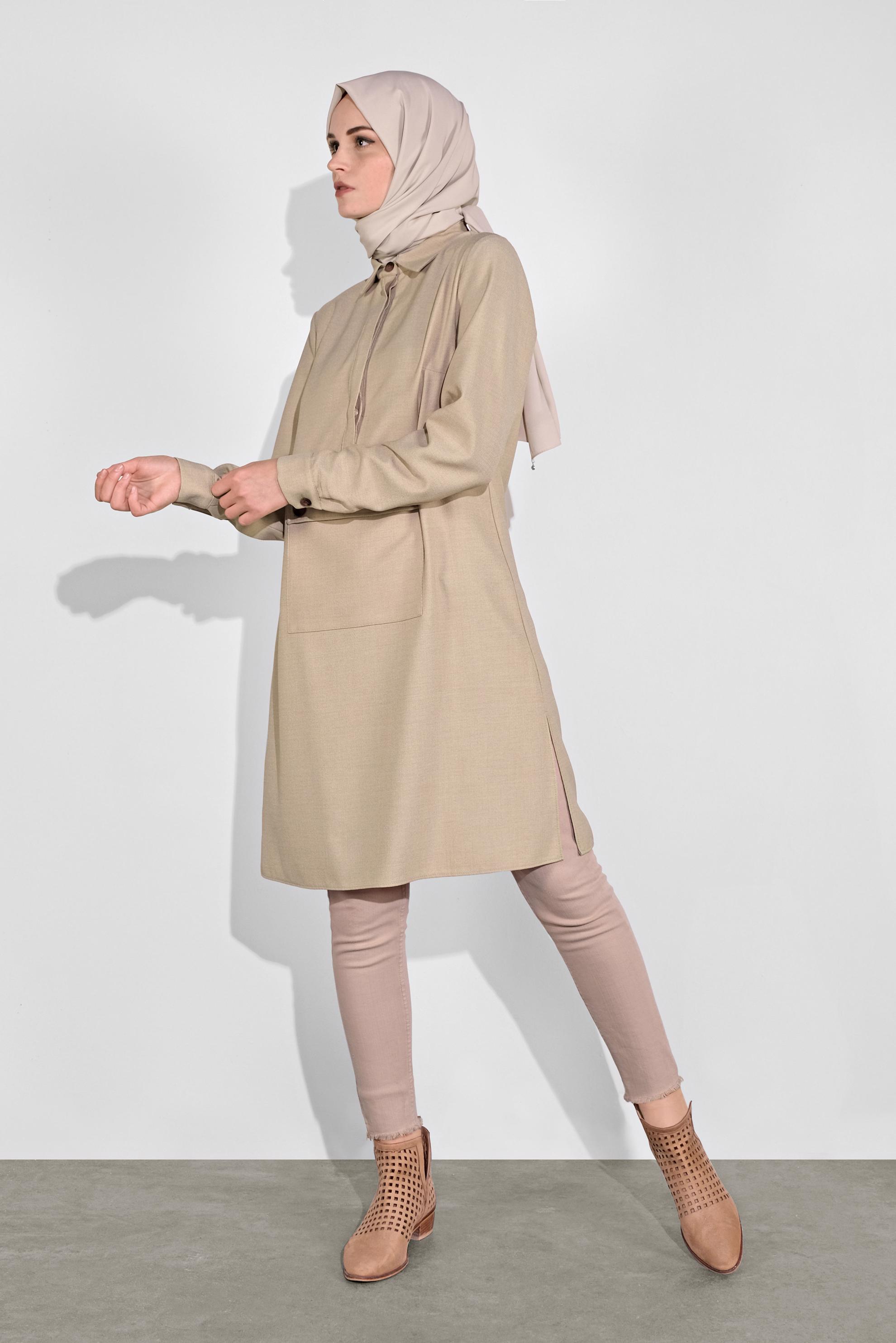 Tesettür giyim BEJ ÖNÜ CEPLİ TUNİK 41122 