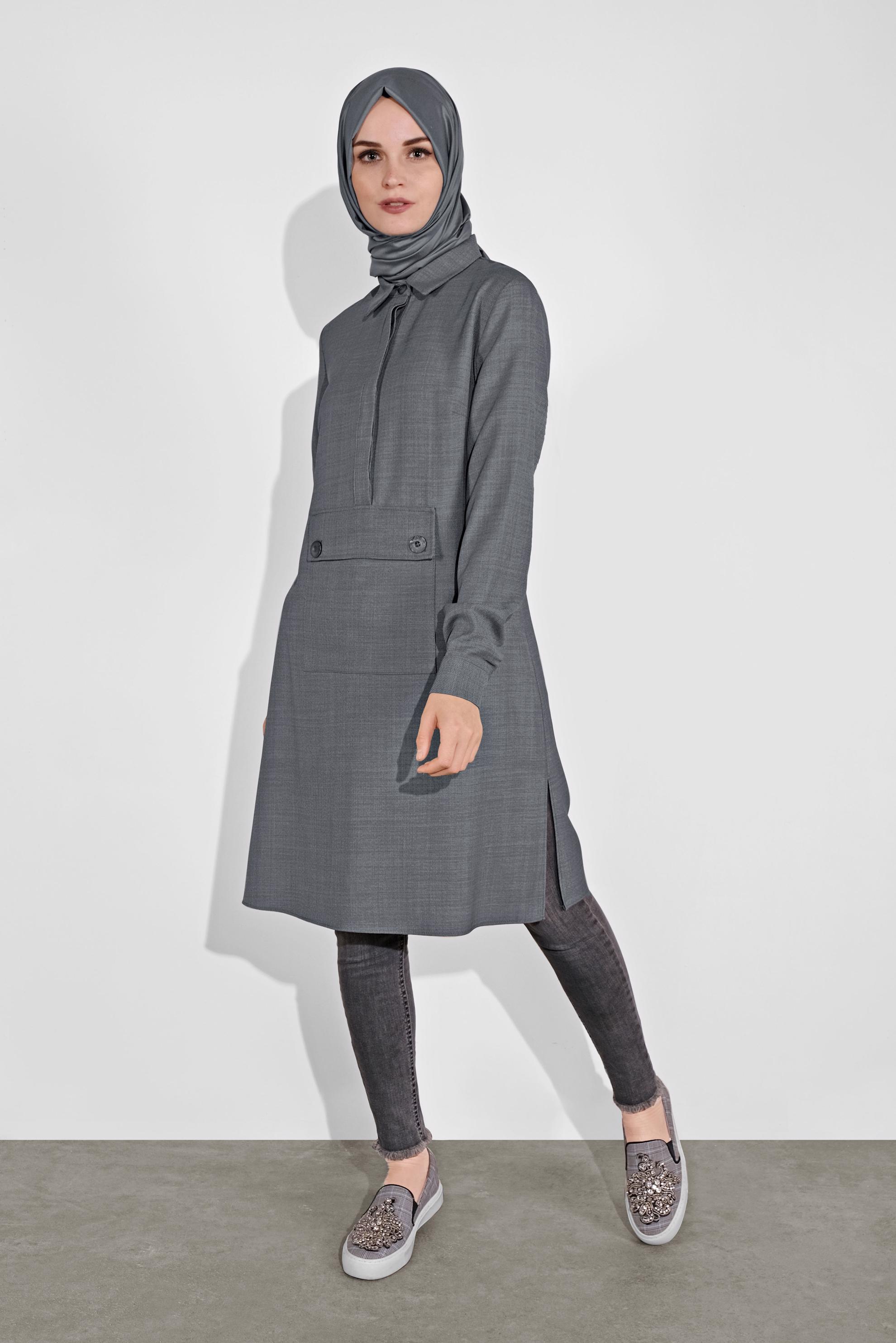 Tesettür giyim GRİ ÖNÜ CEPLİ TUNİK 41122 