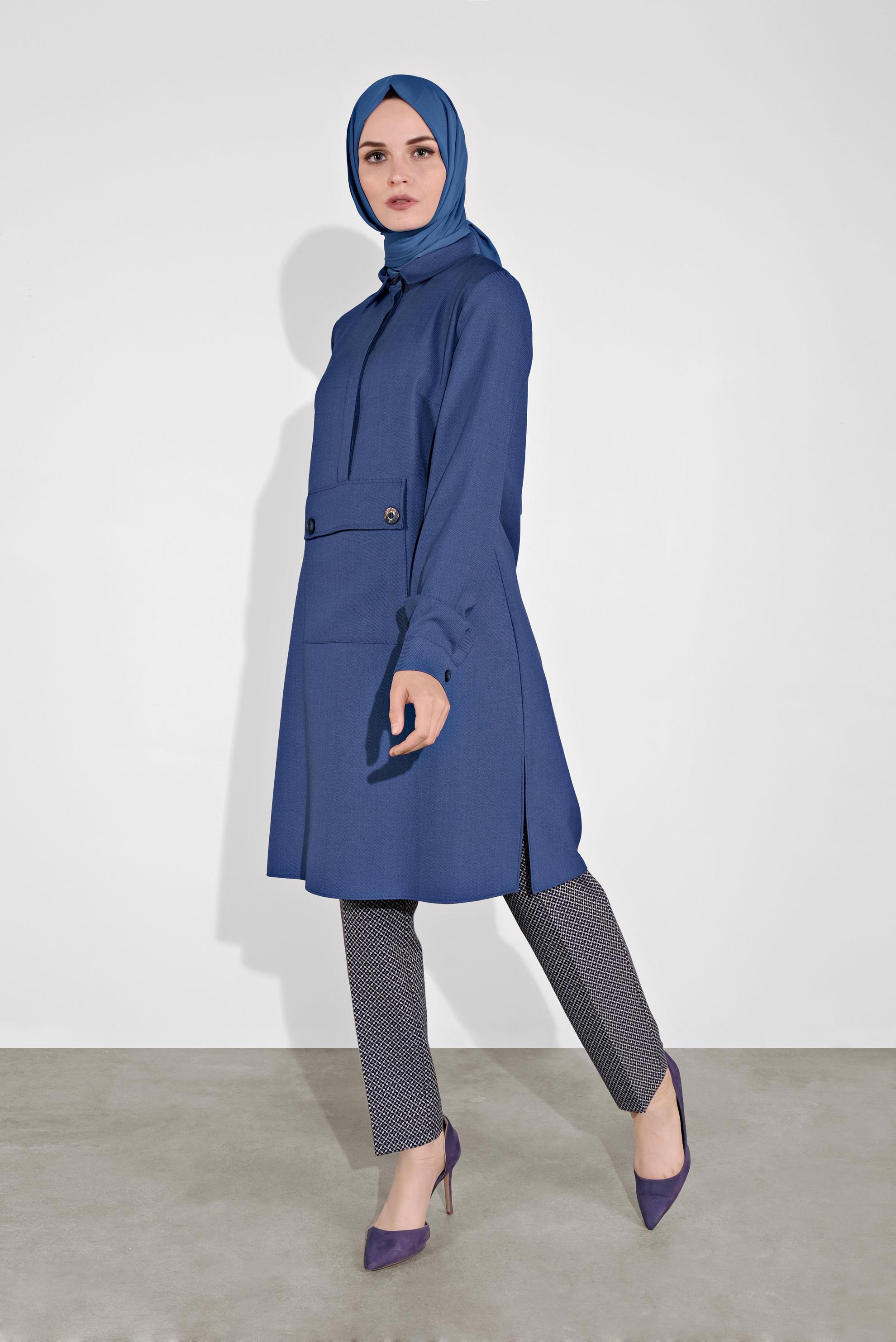 Tesettür giyim LACİVERT ÖNÜ CEPLİ TUNİK 41122 