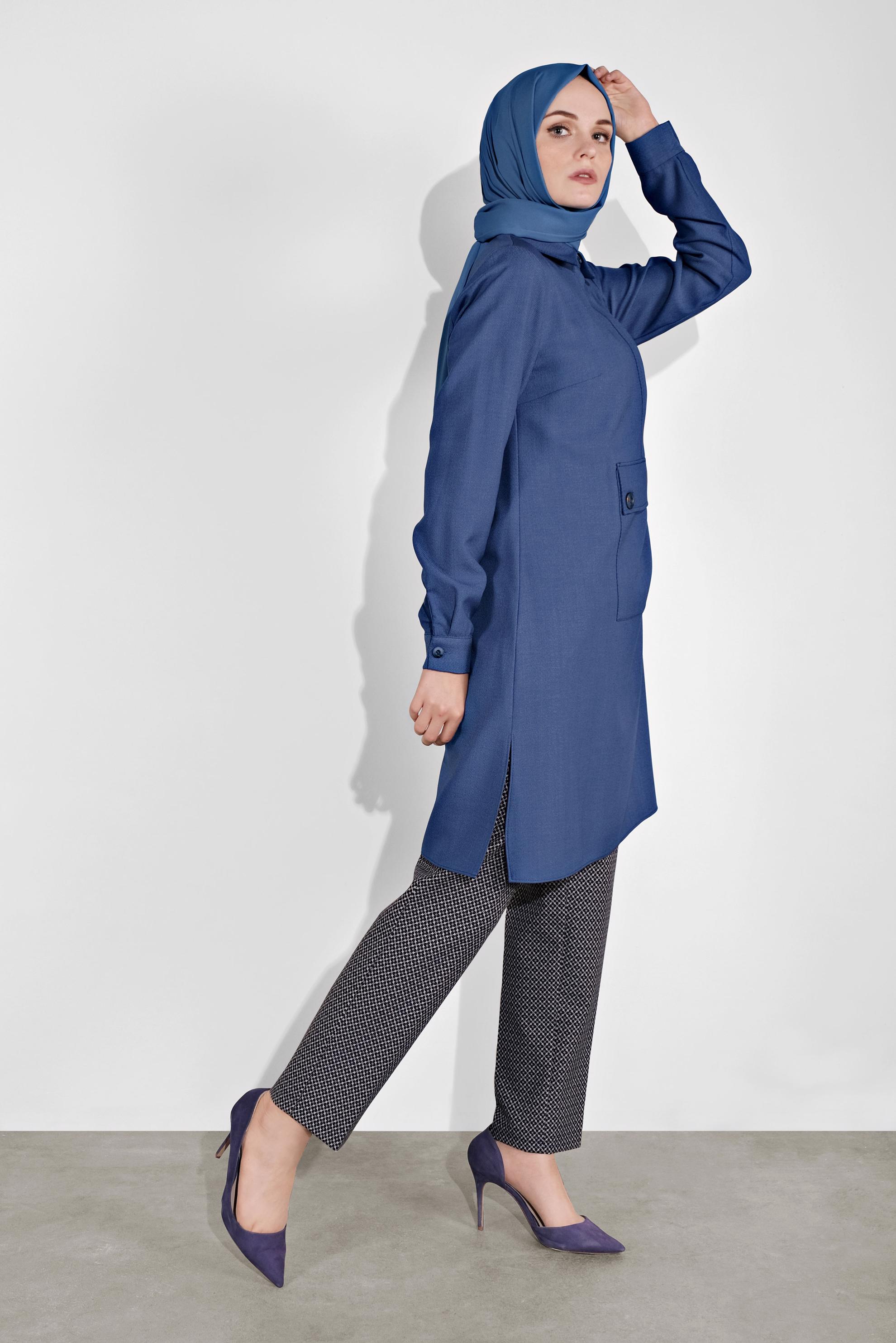Tesettür giyim LACİVERT ÖNÜ CEPLİ TUNİK 41122 