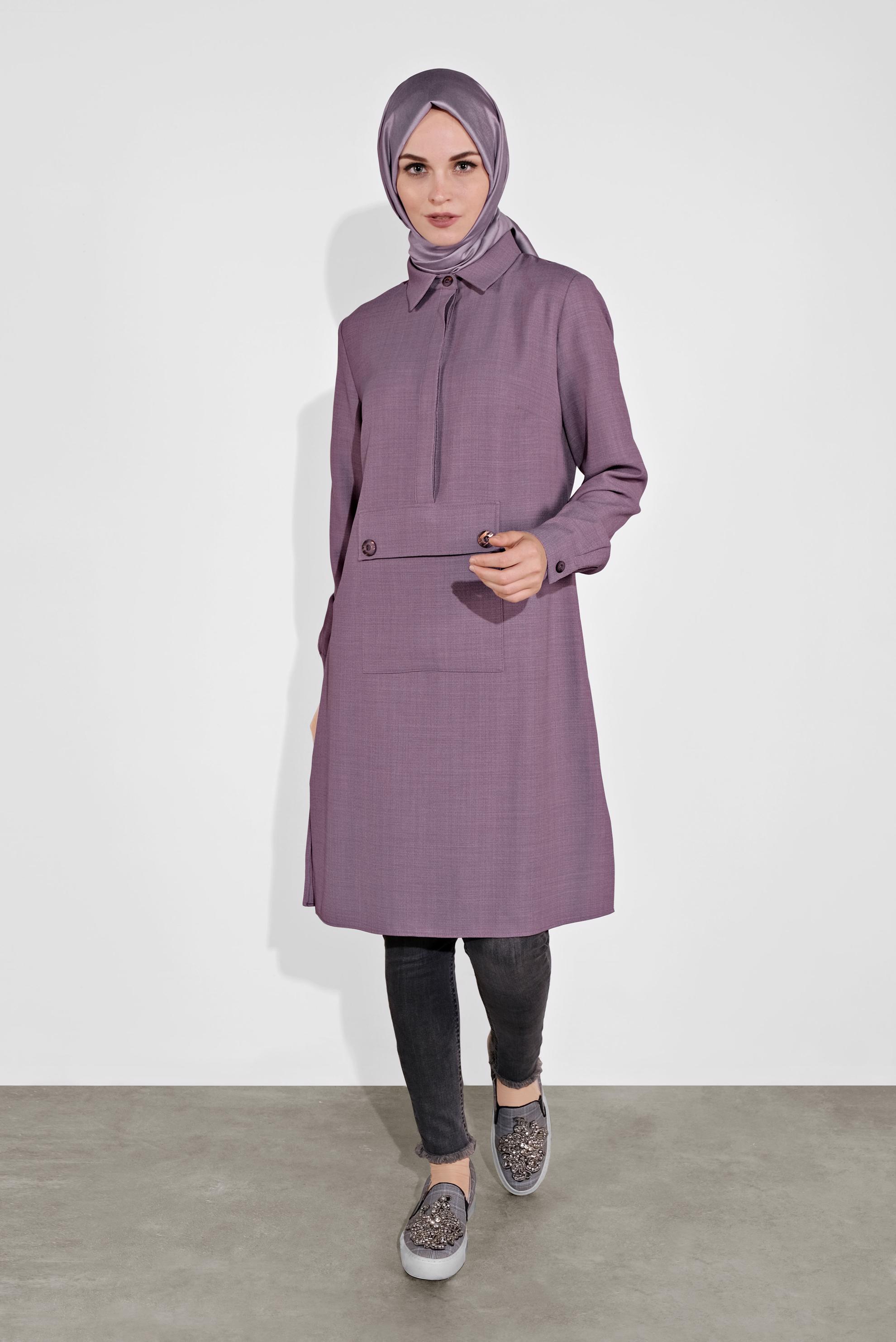 Tesettür giyim MOR ÖNÜ CEPLİ TUNİK 41122 