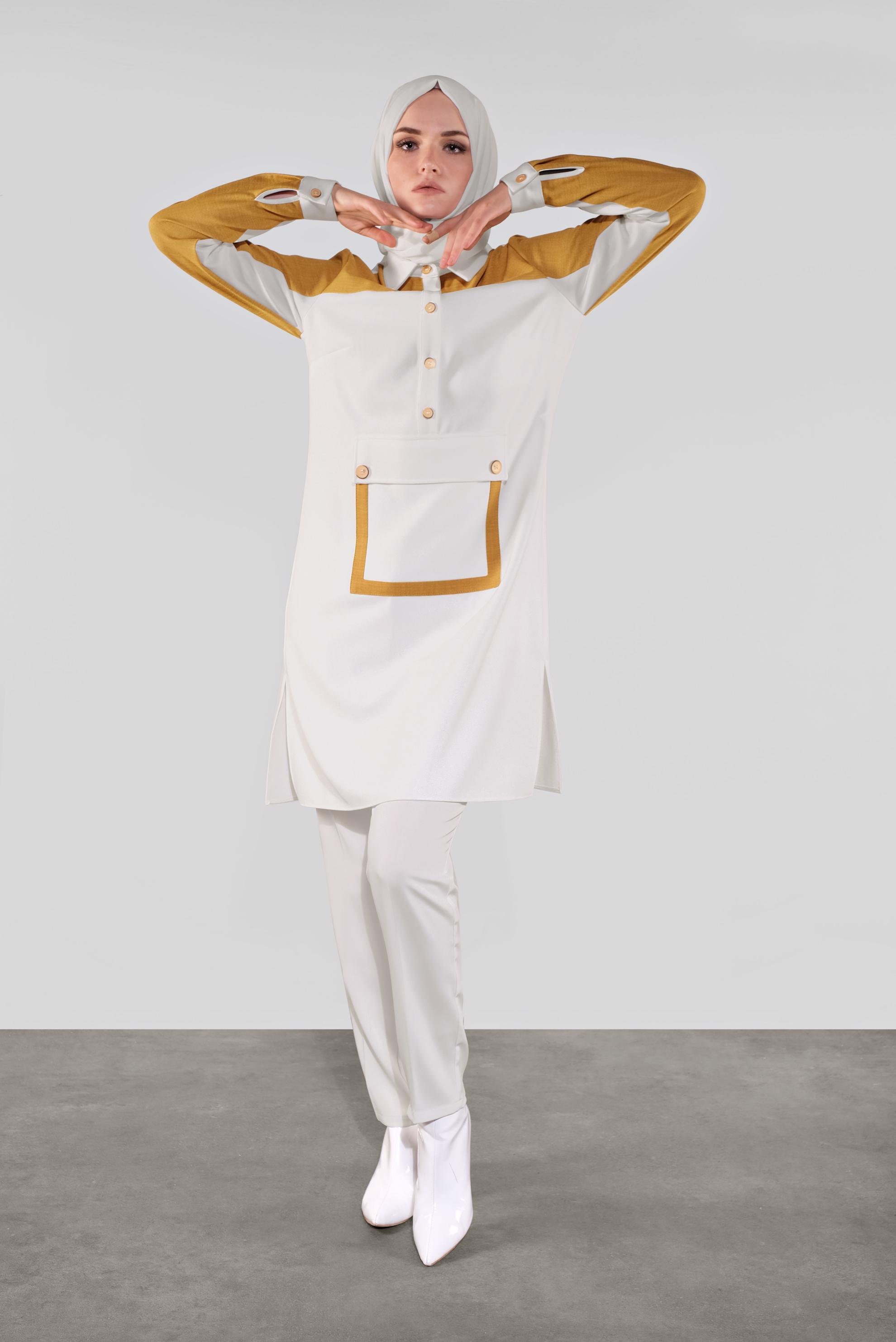 Tesettür giyim SARI DÜĞMELİ CEPLİ TUNİK 41123 