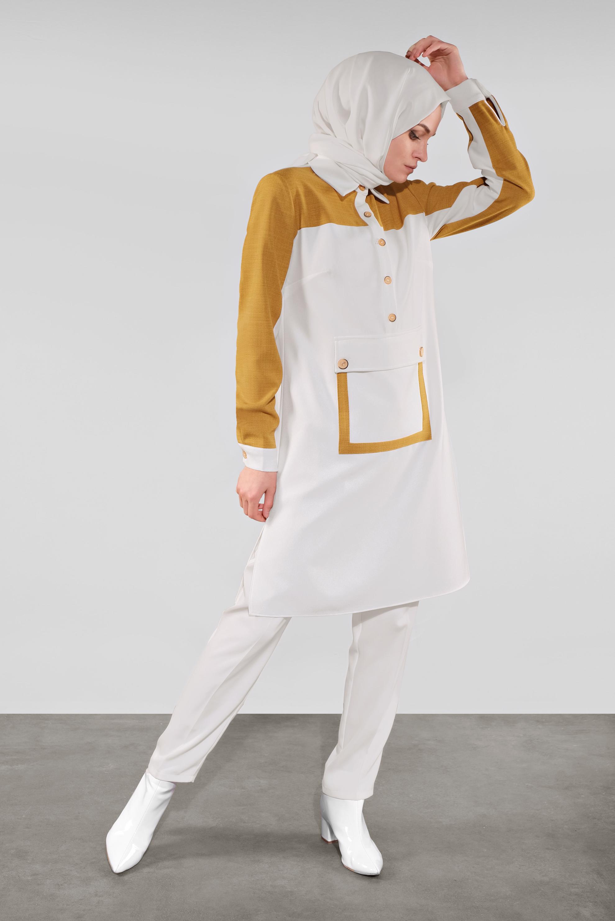 Tesettür giyim SARI DÜĞMELİ CEPLİ TUNİK 41123 