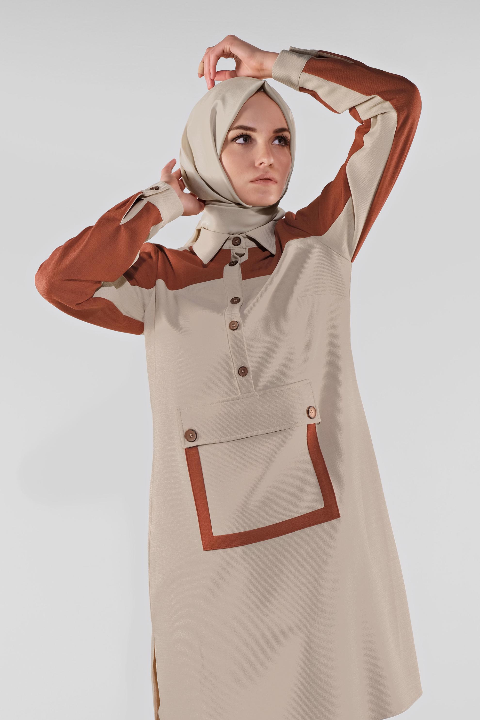 Tesettür giyim TURUNCU DÜĞMELİ CEPLİ TUNİK 41123 