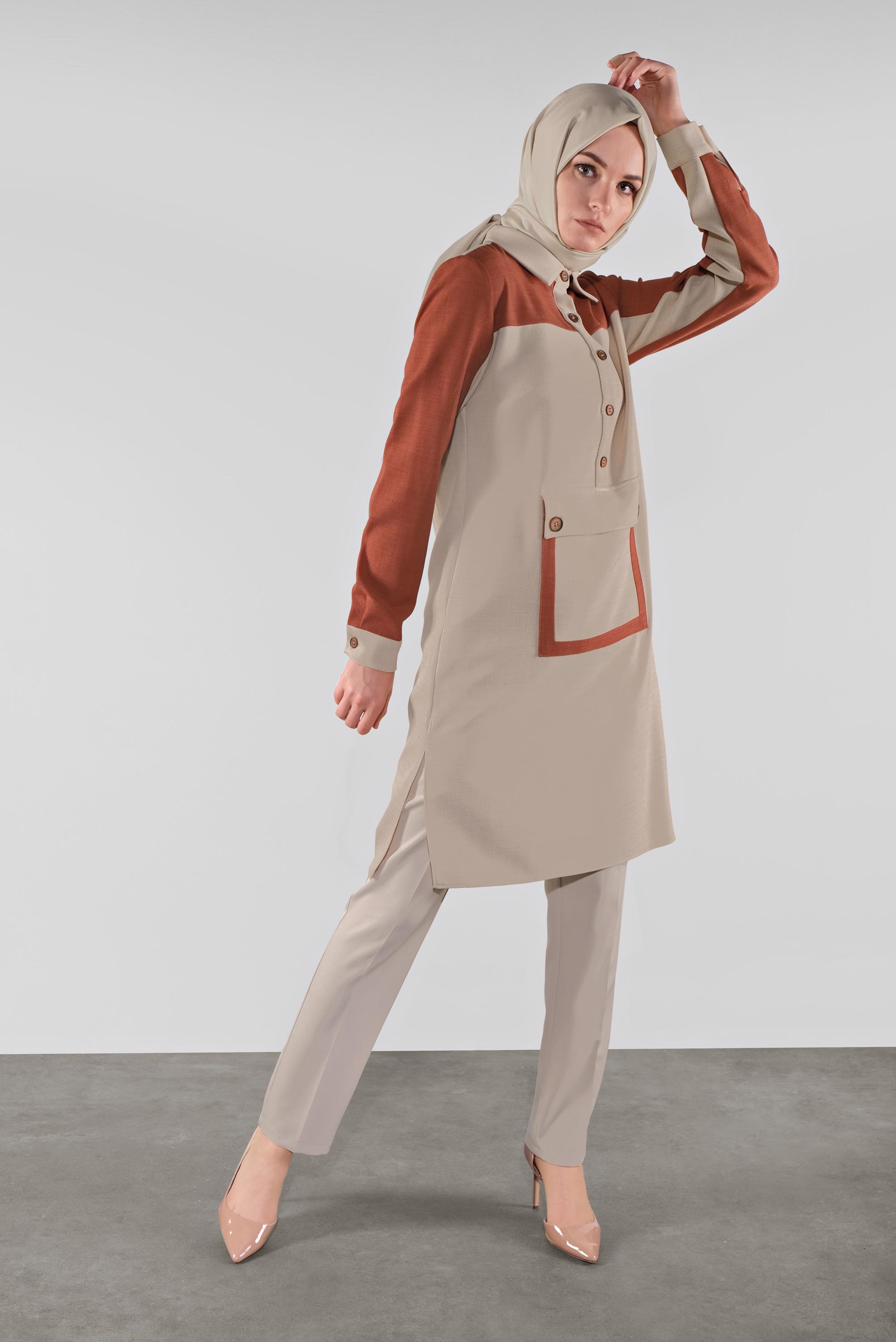 Tesettür giyim TURUNCU DÜĞMELİ CEPLİ TUNİK 41123 