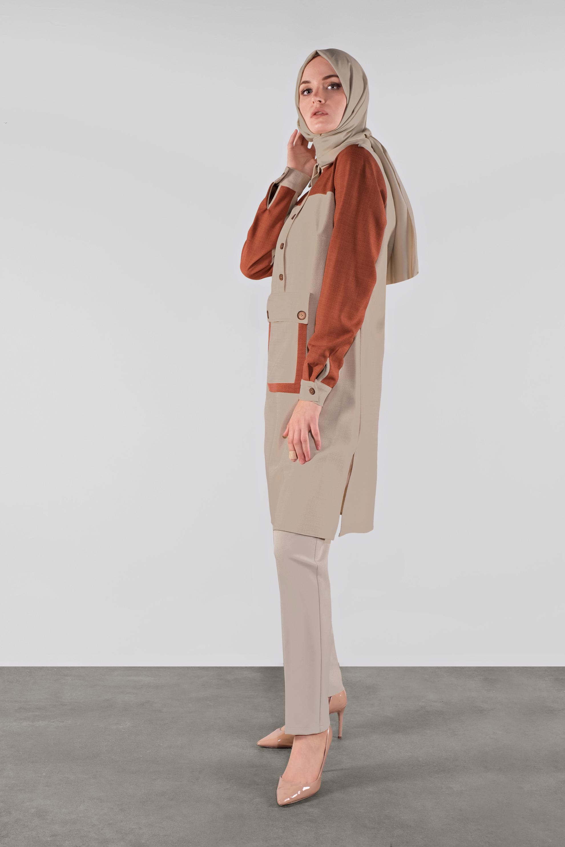 Tesettür giyim TURUNCU DÜĞMELİ CEPLİ TUNİK 41123 